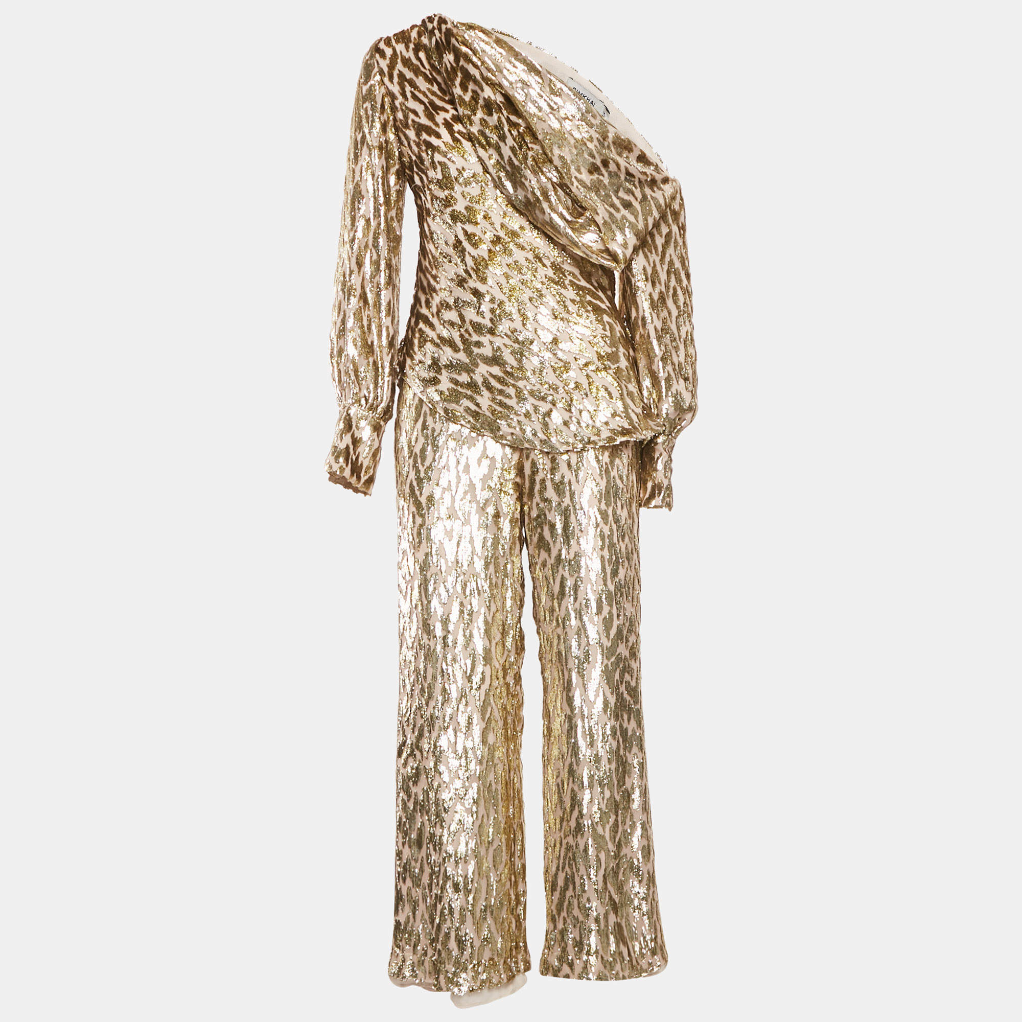 Pre Owned Jonathan Simkhai Gold Silk and Lurex Top and Pants Set S/XS