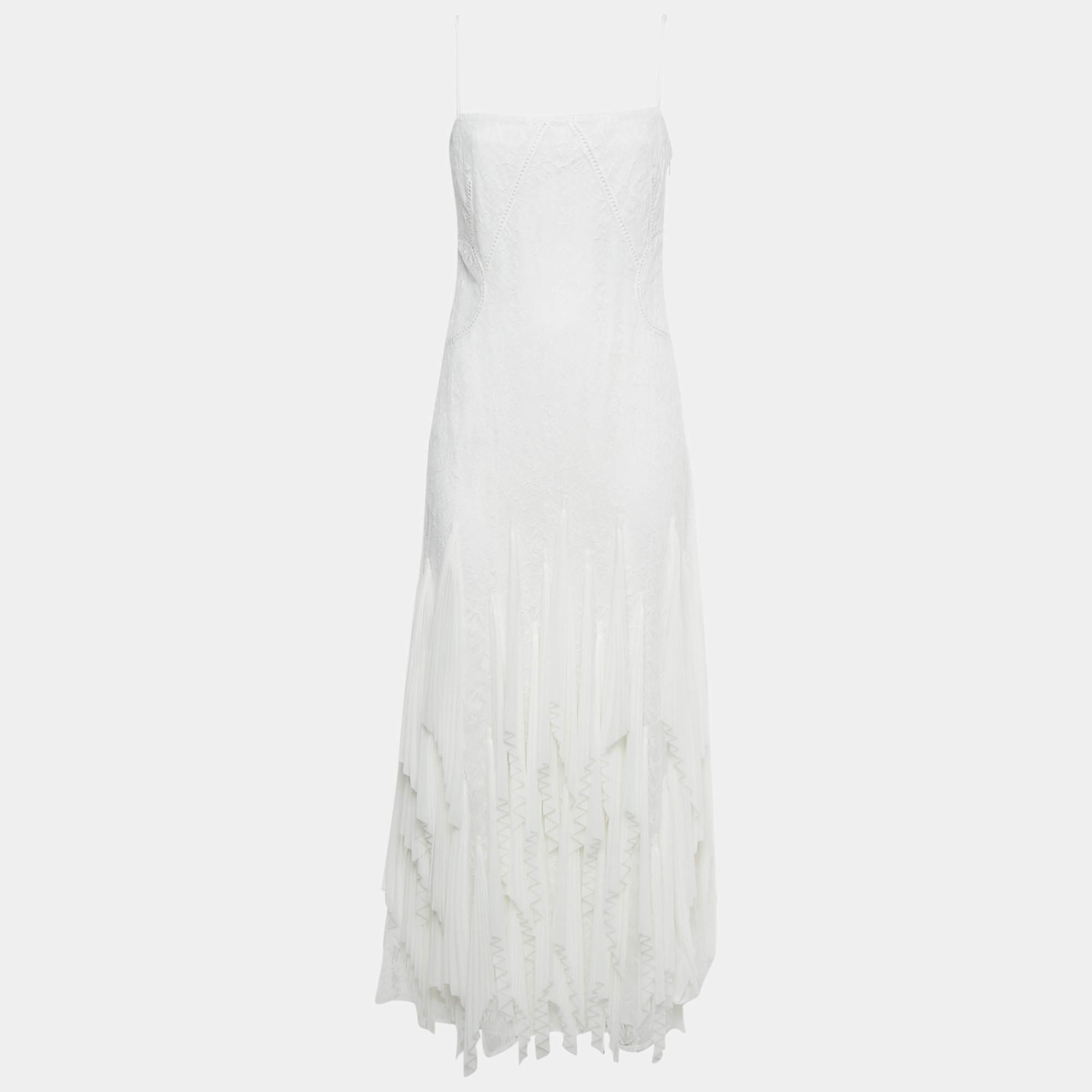 Pre Owned Simkhai White Chiffon Pleated Lace Maxi Dress S