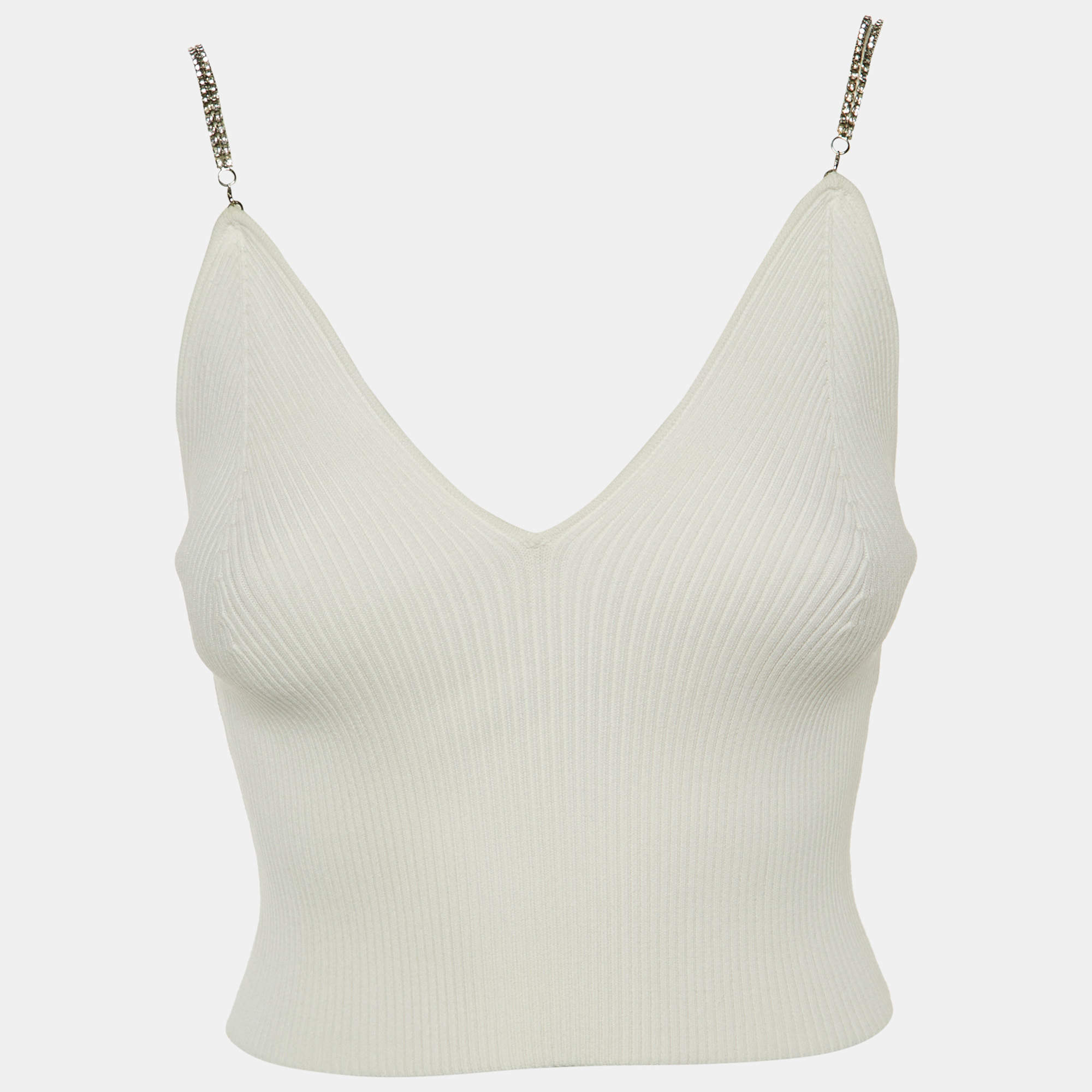 Pre Owned Jonathan Simkhai White Rib Knit Stone Studded Cain Shoulder Detail Crop Top S