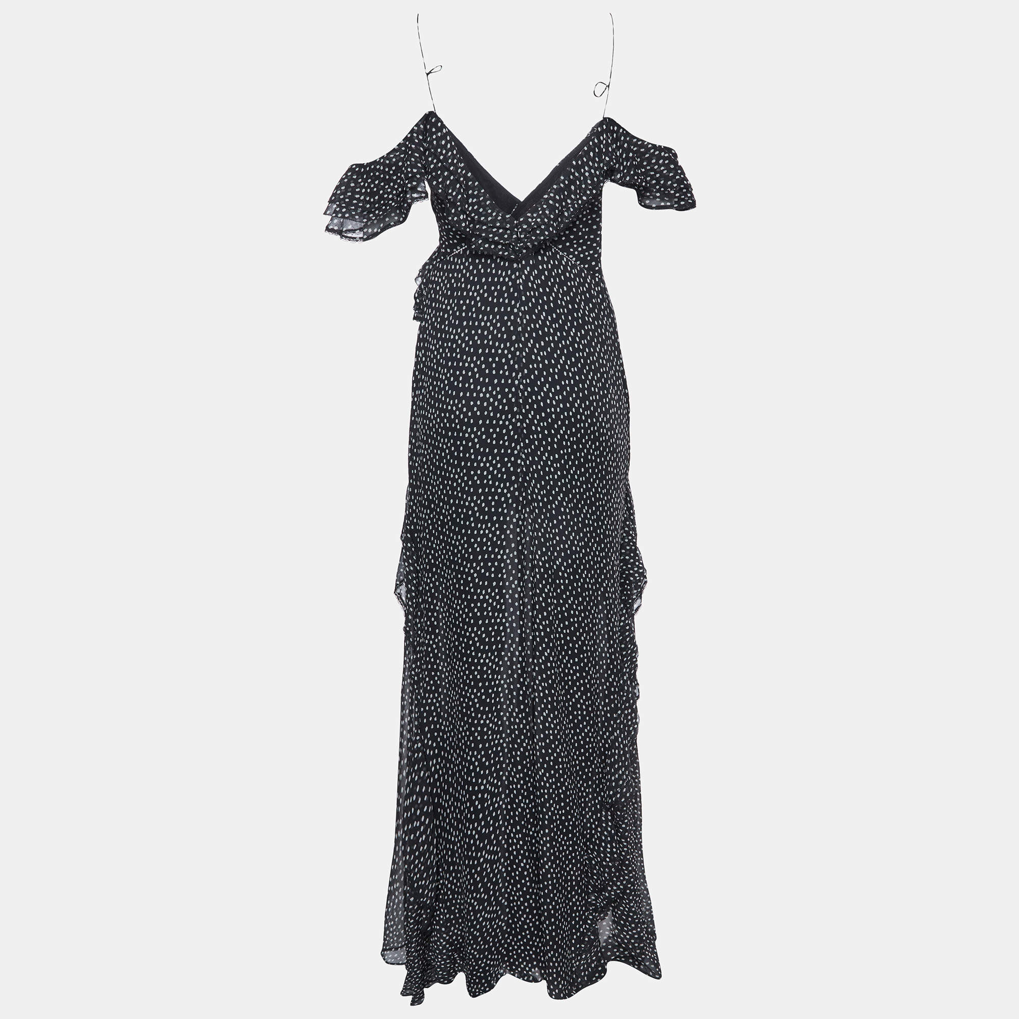 Jonathan Simkhai Black Speckle Print Chiffon Asymmetric Midi Dress S Jonathan Simkhai