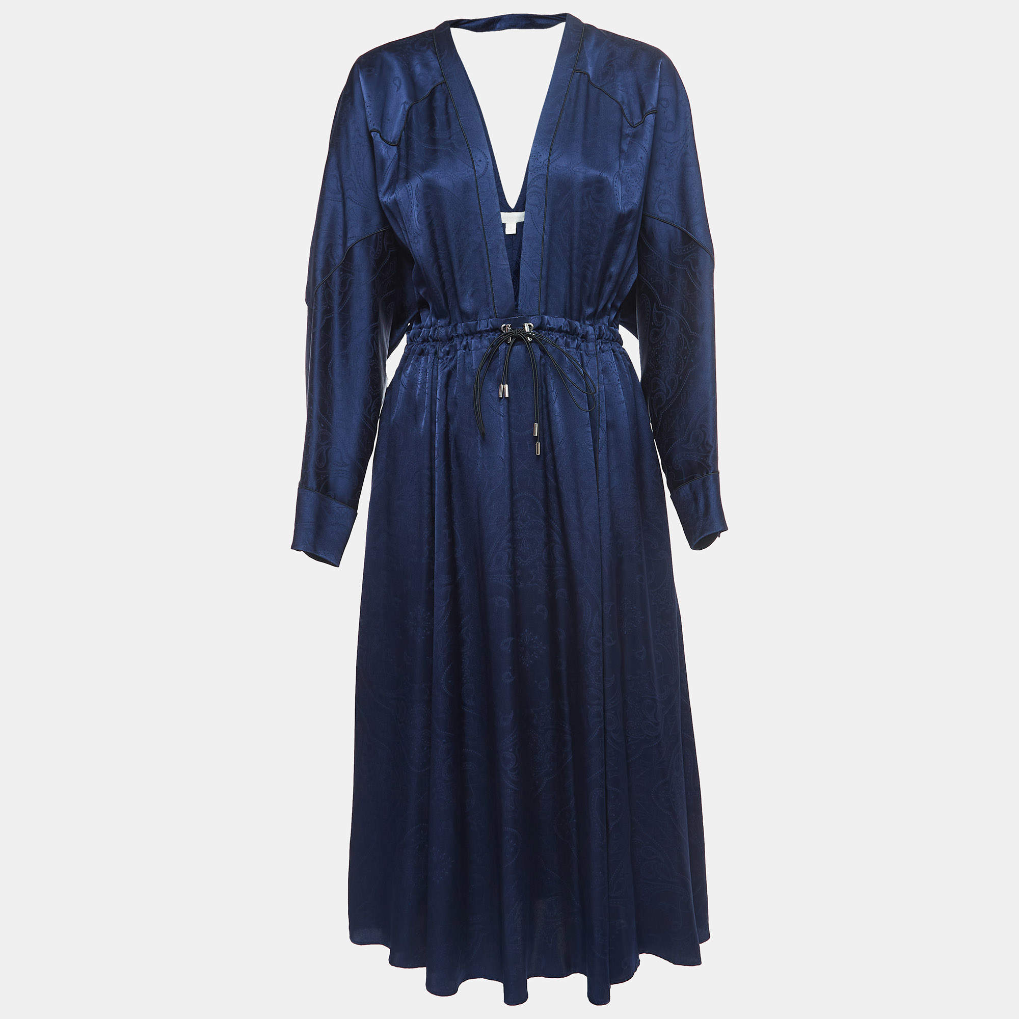 Jonathan Simkhai Navy Blue Santiago Godet Silk Midi Dress S