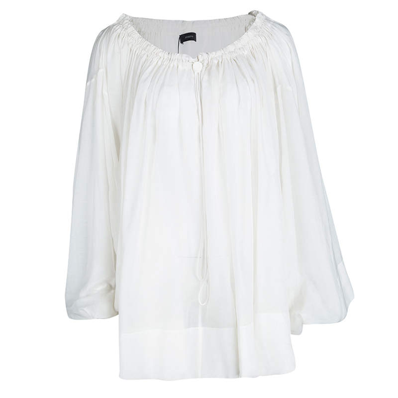 Joseph White Gathered Cotton Voile Off Shoulder Oversized Mou Mou Blouse M