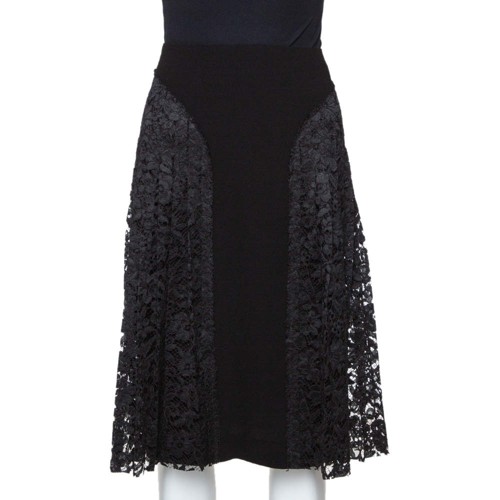 Pre Owned Joseph Black Stretch Crepe Pleated Lace Courtney Skirt M