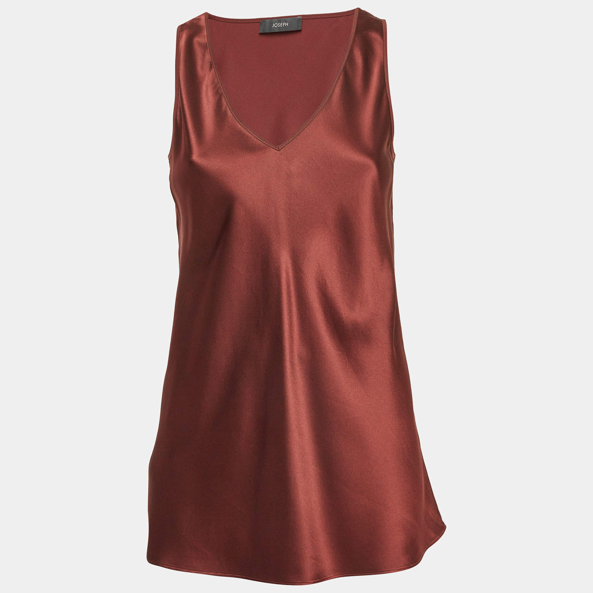 Pre Owned Joseph Burgundy Satin Silk V-Neck Belva Blouse M