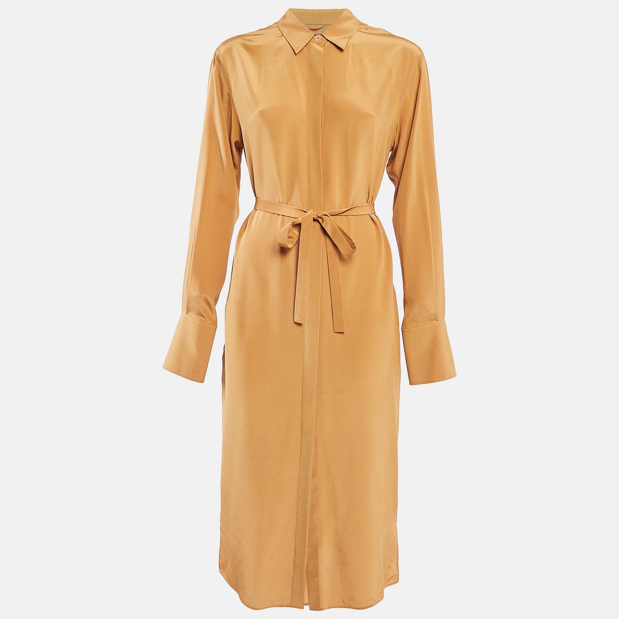 مملوكة مسبقًا Joseph Brown Crepe Silk Belted Brown Shirt Dress S