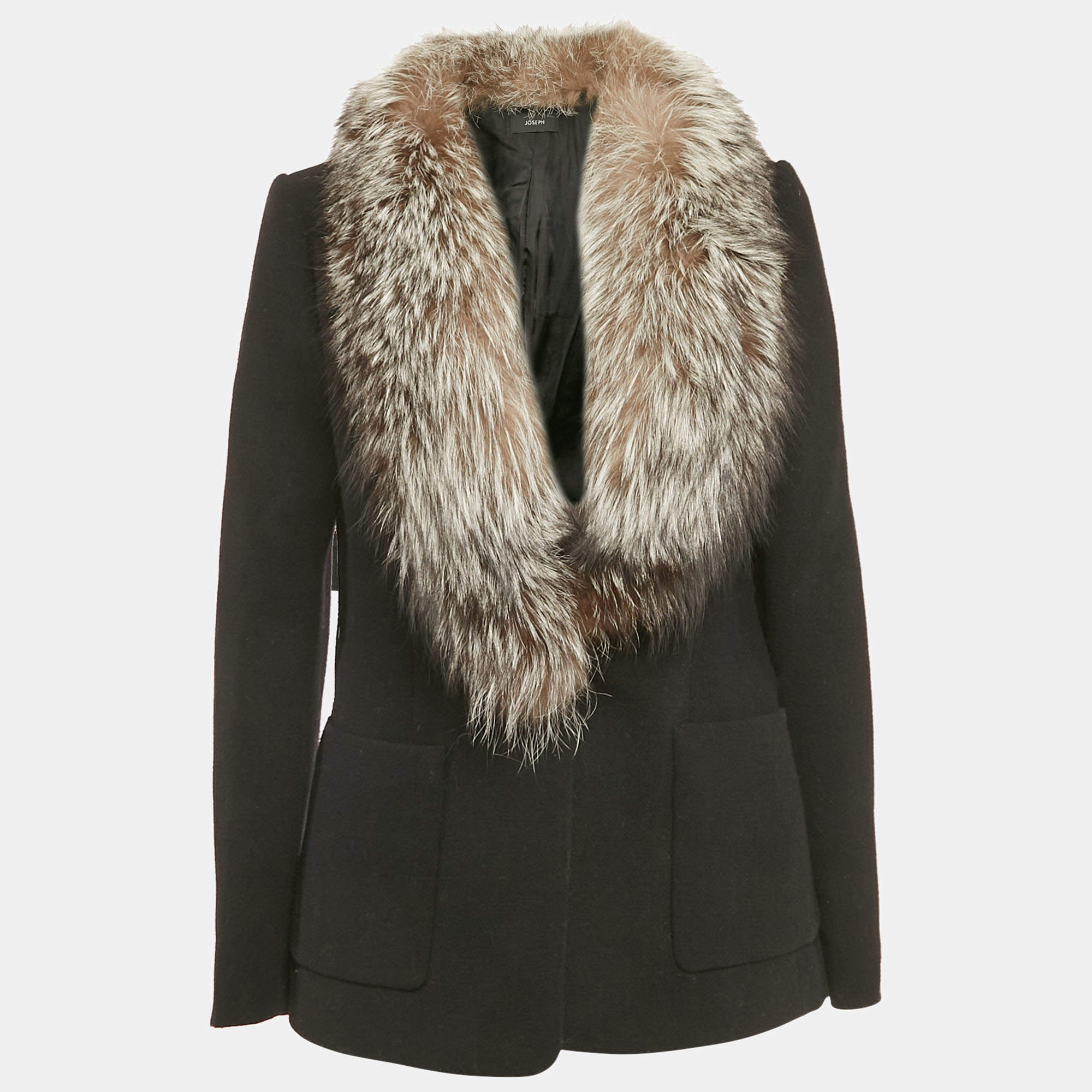 Pre Owned Joseph Black Fur Trim Felt Button Front Jacket L