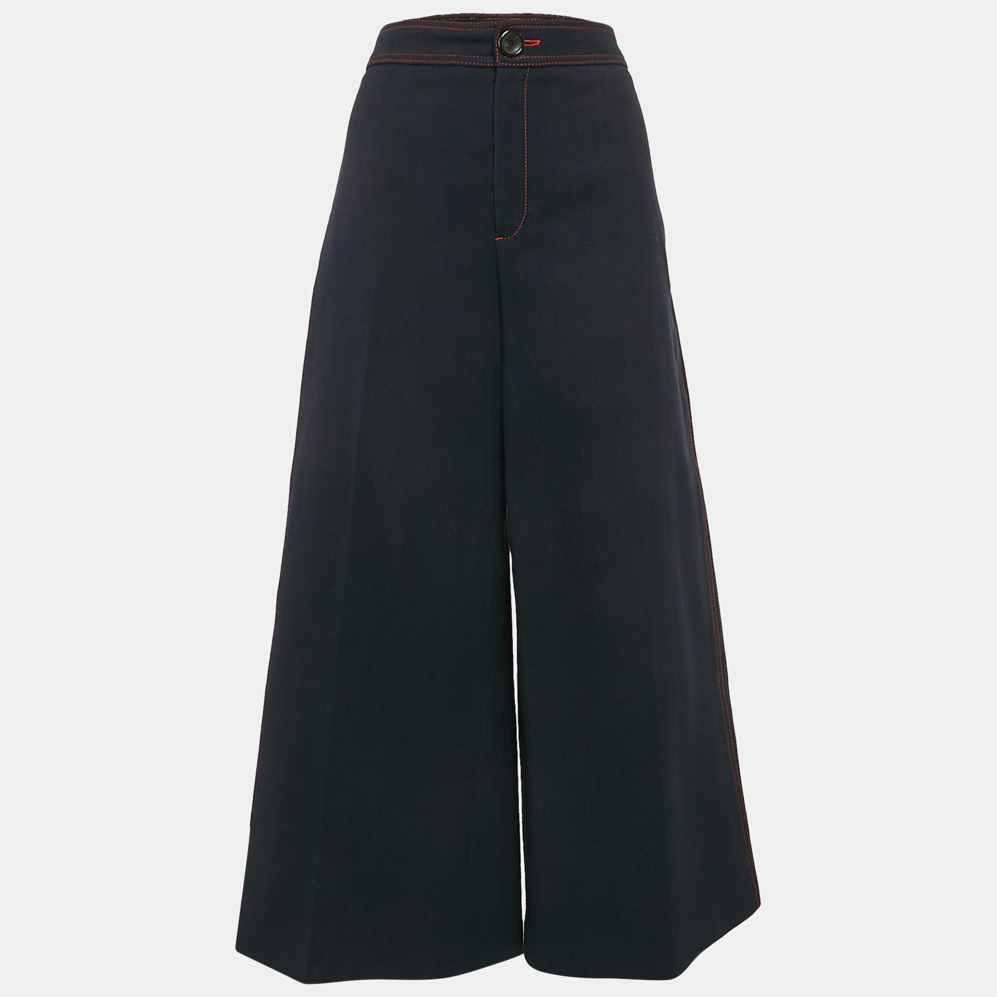 Joseph Navy Blue Contrast Stitch Wool Twill Wide-Leg Jeans L Waist 32"