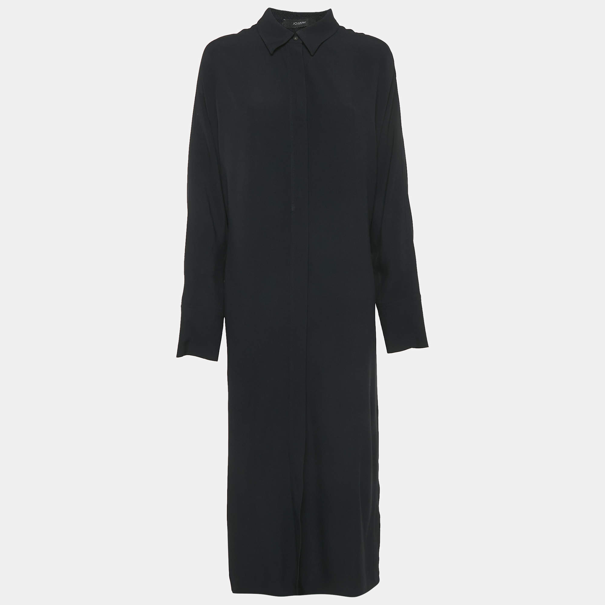 Joseph Black Crepe Button Front Long Shirt Dress L