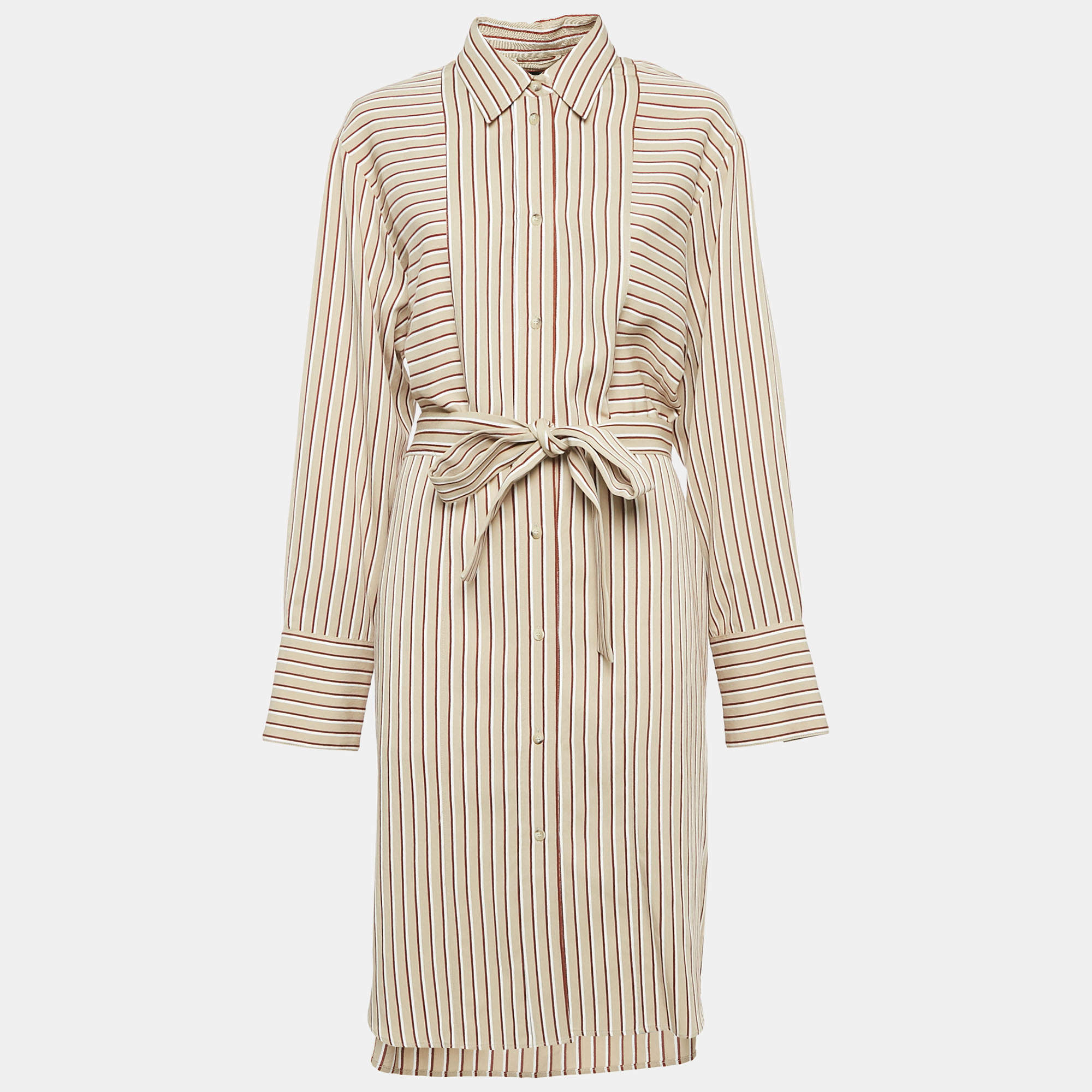 Joseph Beige Club Stripe Gabardine Belted Daxtona Midi Shirt Dress L