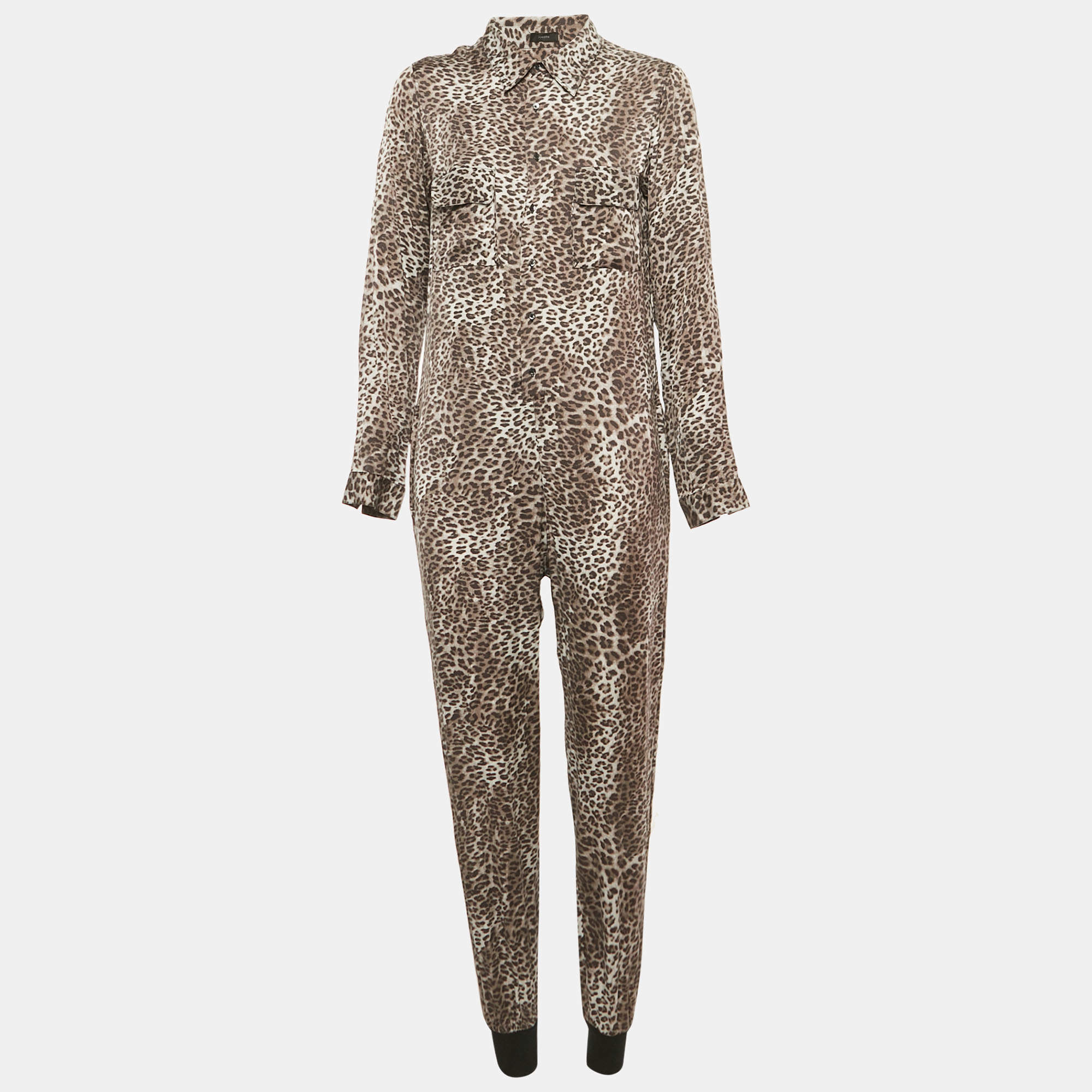 Pre Owned Joseph Grey Animal Print Silk Button Front Jumpsuit M