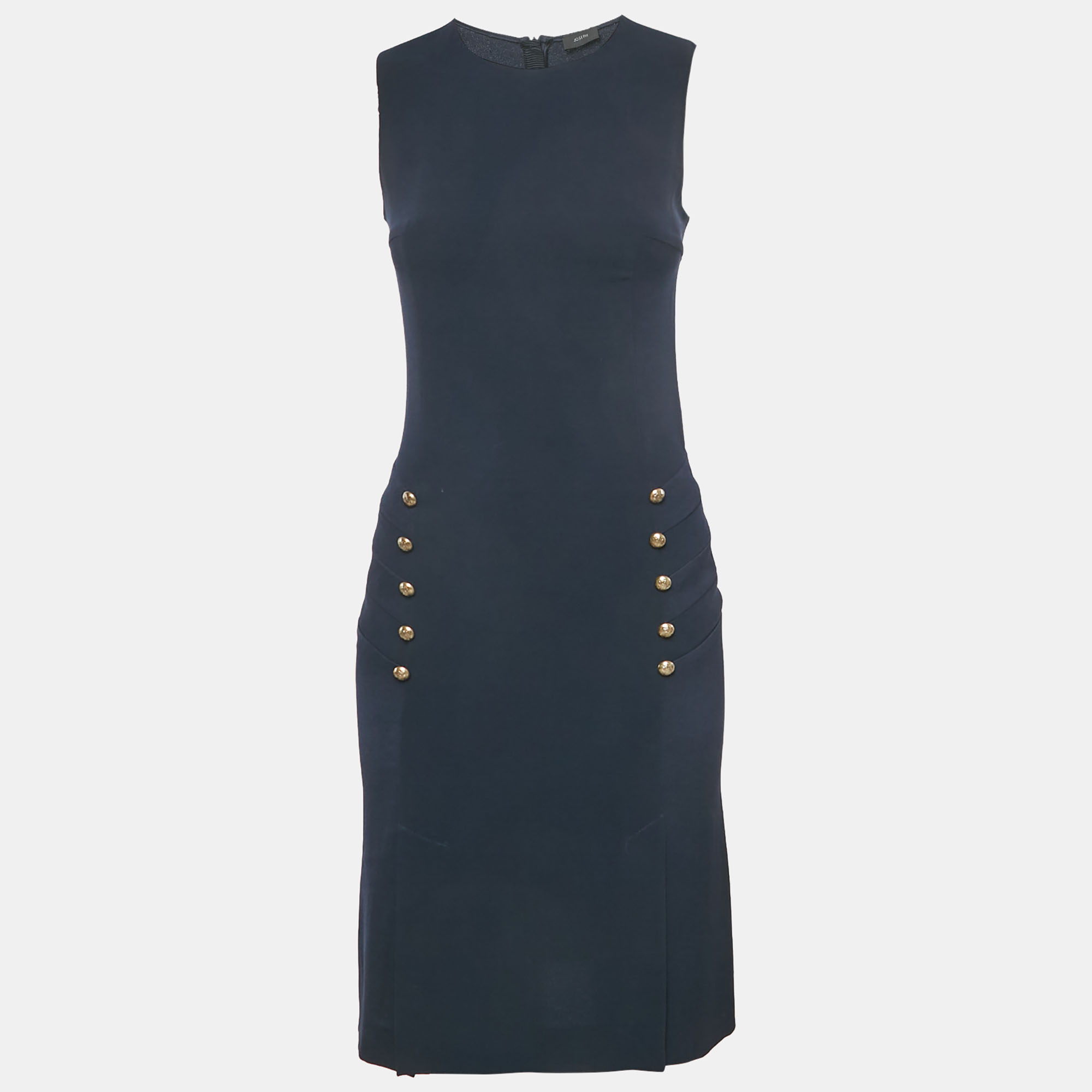 Pre Owned Joseph Navy Blue Stretch Crepe Button Detail Sleeveless Short Dress S
