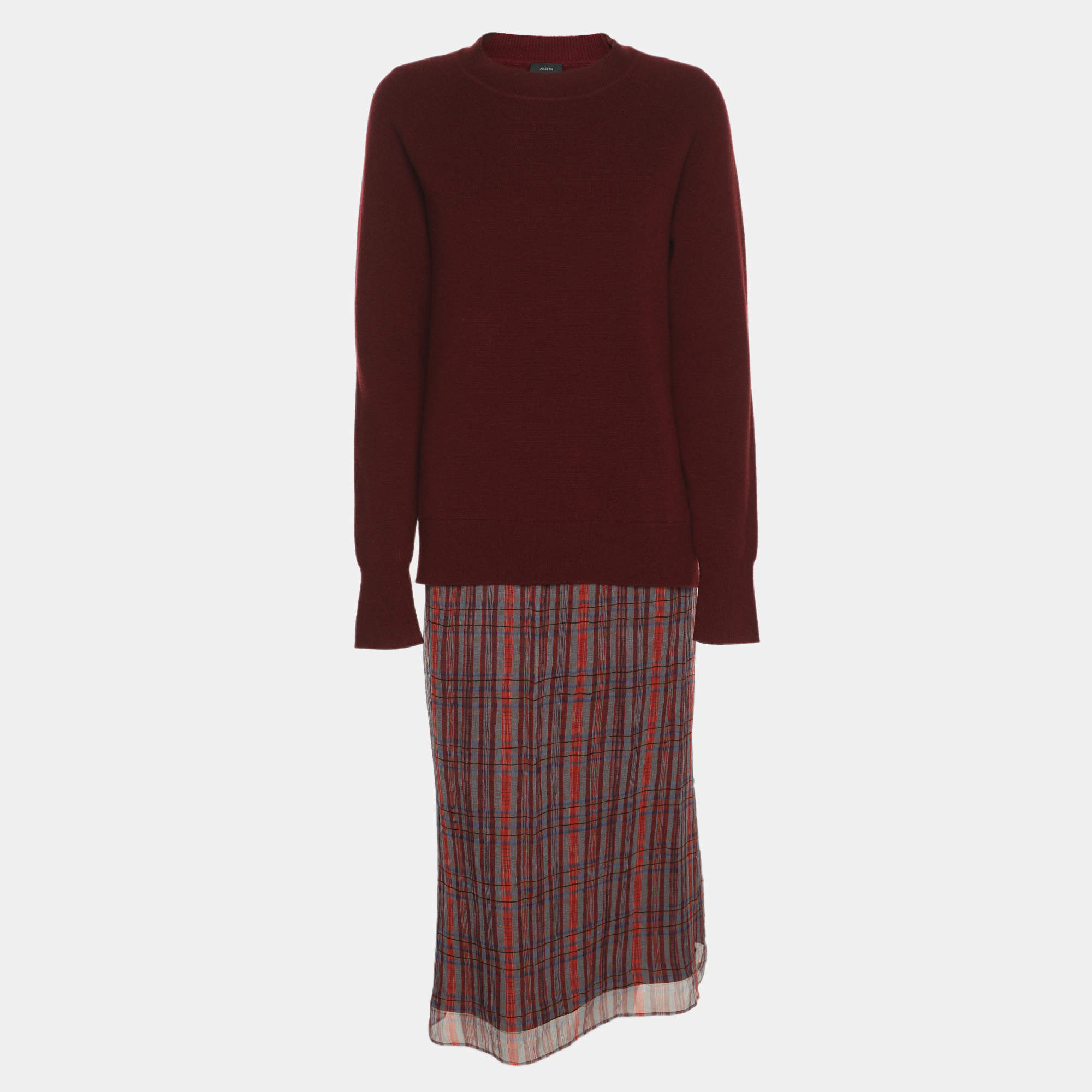 Pre Owned Joseph Red Silk Glen Check Georgette Midi Dress M