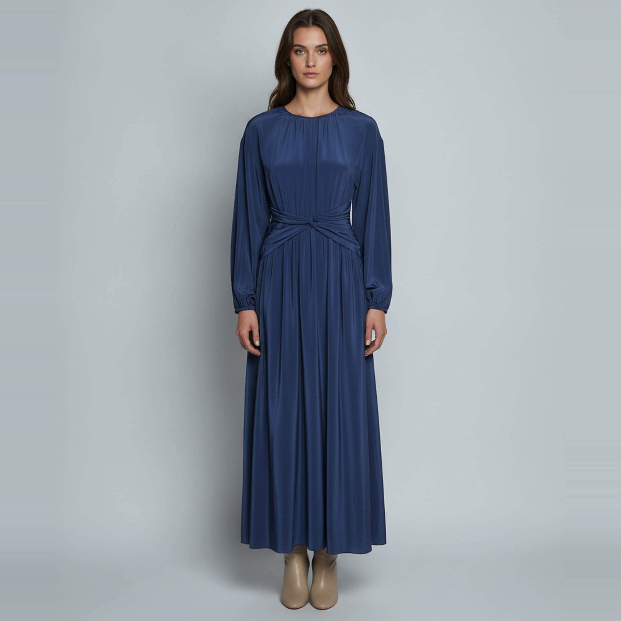 Pre Owned Joseph Harbour Blue Crepe de Chine Knot Detail Leila Long Dress M