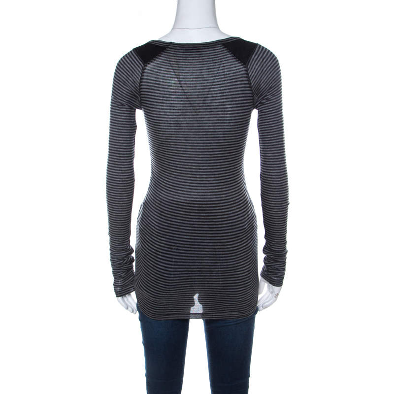 مملوكة مسبقًا Joseph Grey Striped Tencel Stretch Knit Scoopneck Top S 
