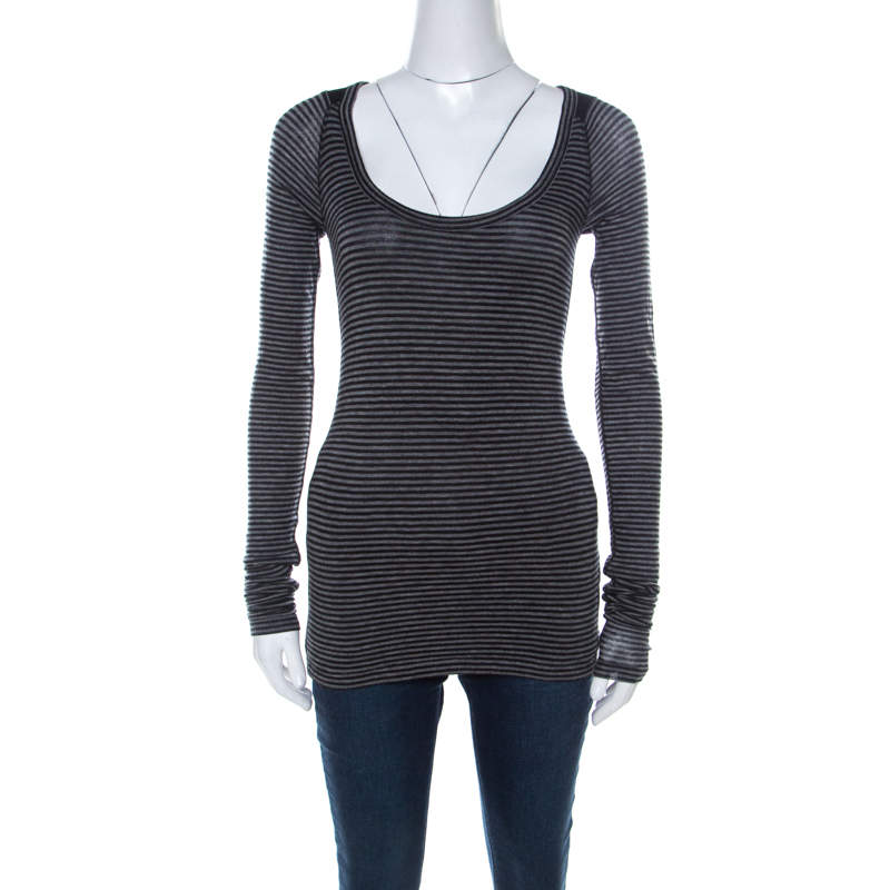Joseph Grey Striped Tencel Stretch Knit Scoopneck Top S 