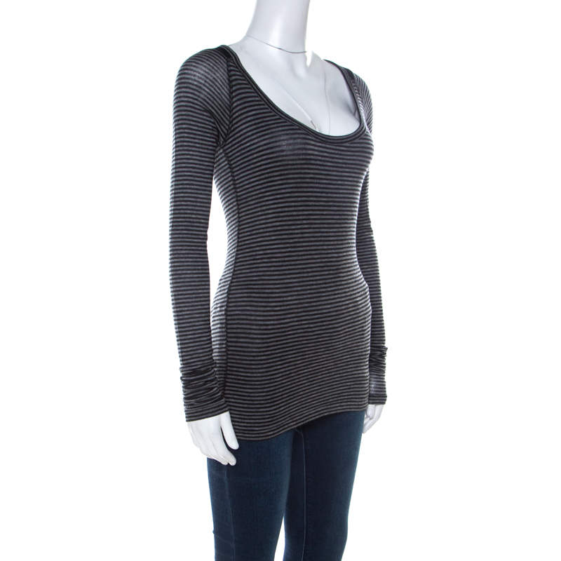 مملوكة مسبقًا Joseph Grey Striped Tencel Stretch Knit Scoopneck Top S 