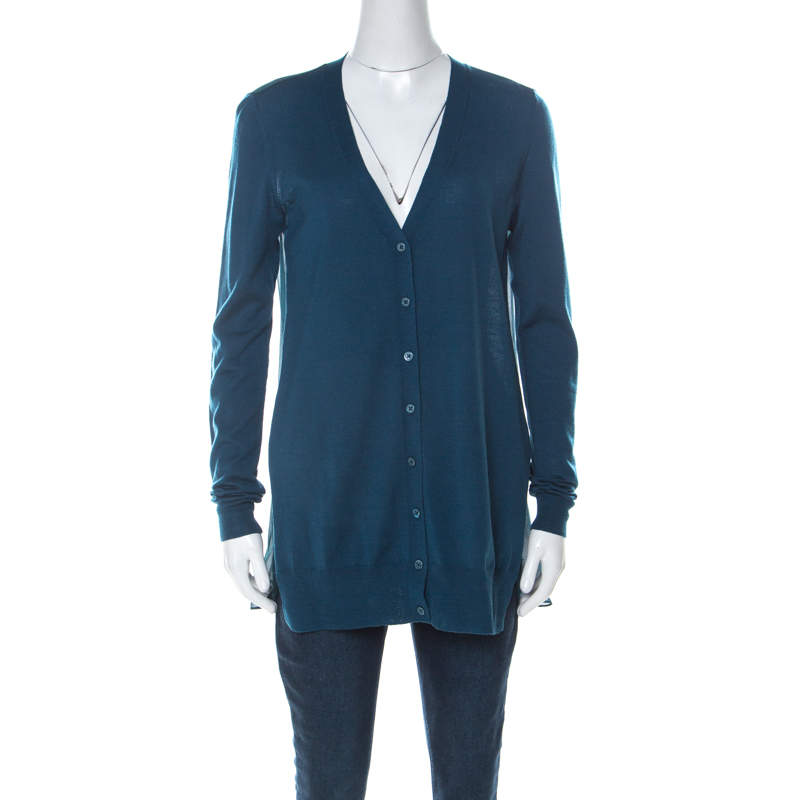 Pre Owned كارديغان قصات أزرار أمامية صوف و حرير أزرق مخضر M