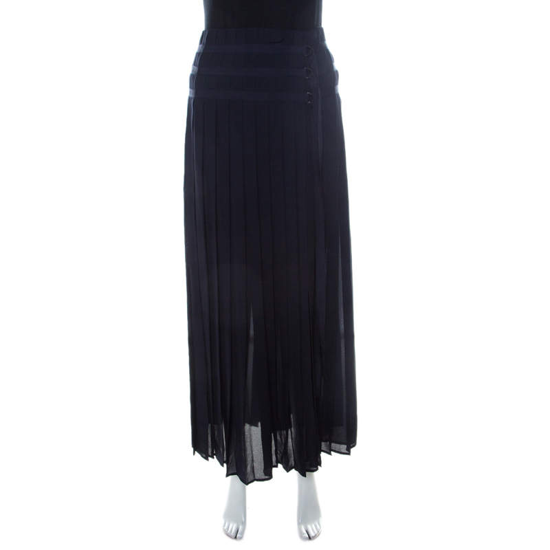 Pre Owned Joseph Navy Silk Georgette Pleated Wrap Maxi Skirt L