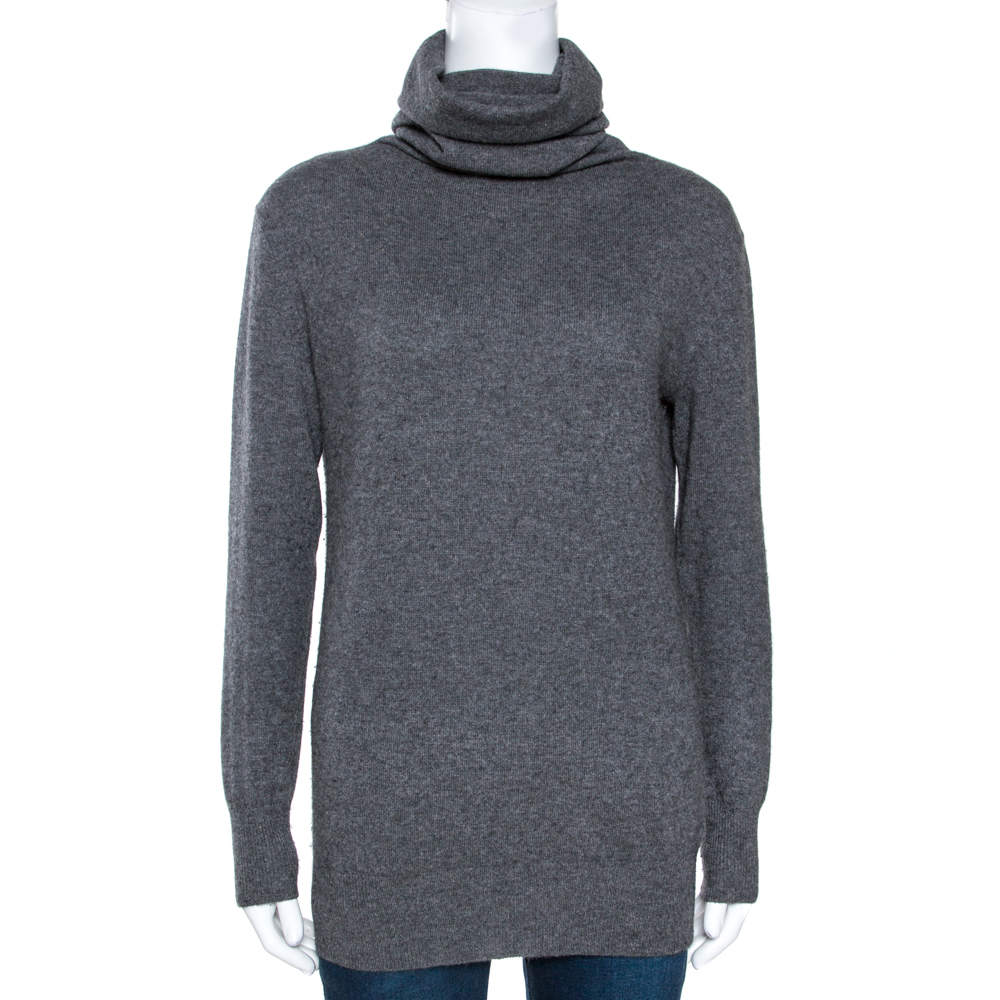 Joseph Grey Cashmere Leather Patch High Neck Tunic Sweater XS