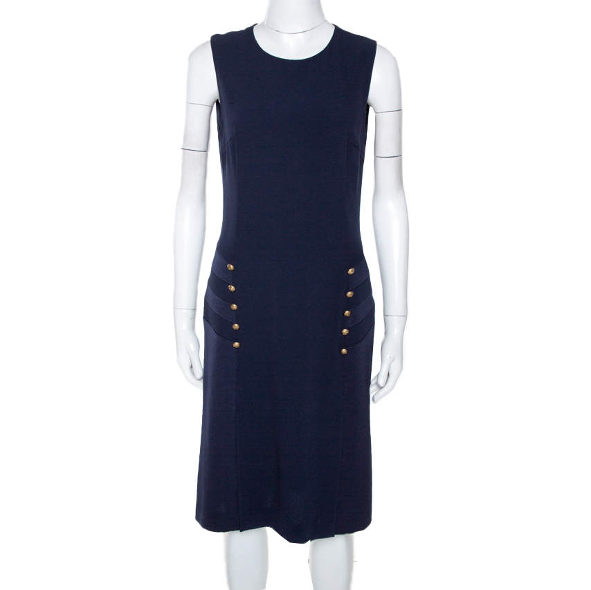 Joseph Navy Blue Crepe Sleeveless Step Button Dress M 