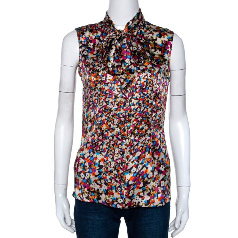 Joseph Multicolor Floral Printed Silk Front Tie Detail Sleeveless Blouse S