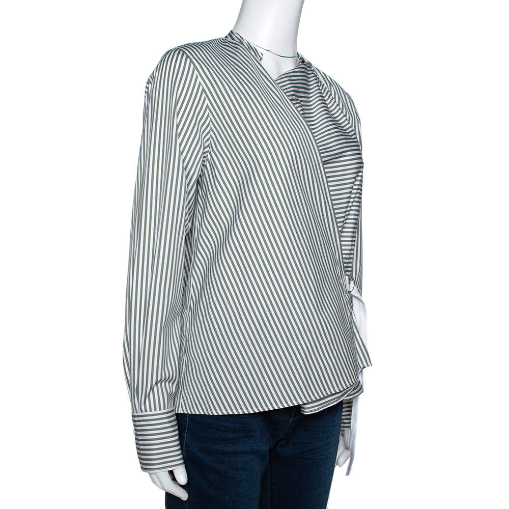 Pre Owned Joseph Sage Green Candy Striped Cotton Arran Wrap Top S
