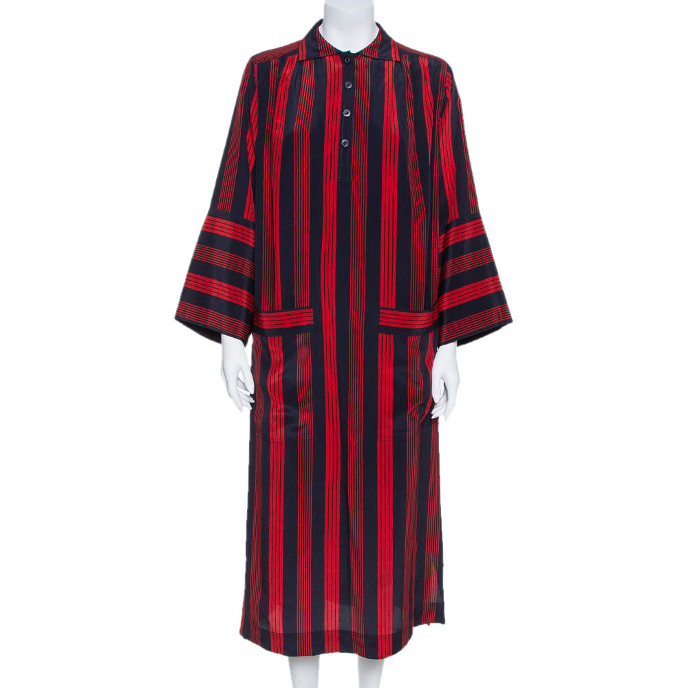 Joseph Red/Blue Striped Chester Crepe de Chine Silk Midi Dress M