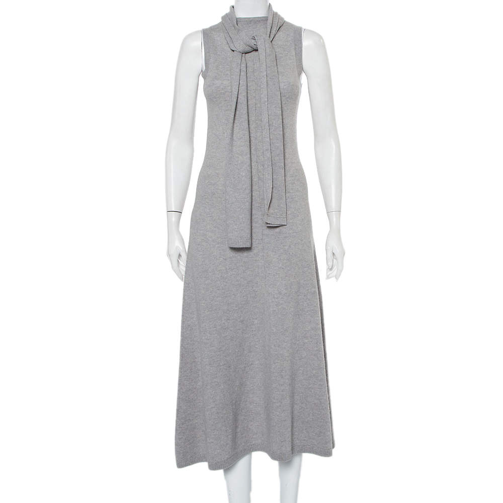 Joseph Grey Wool Neck Tie Detail Sleeveless Maxi Dress XS