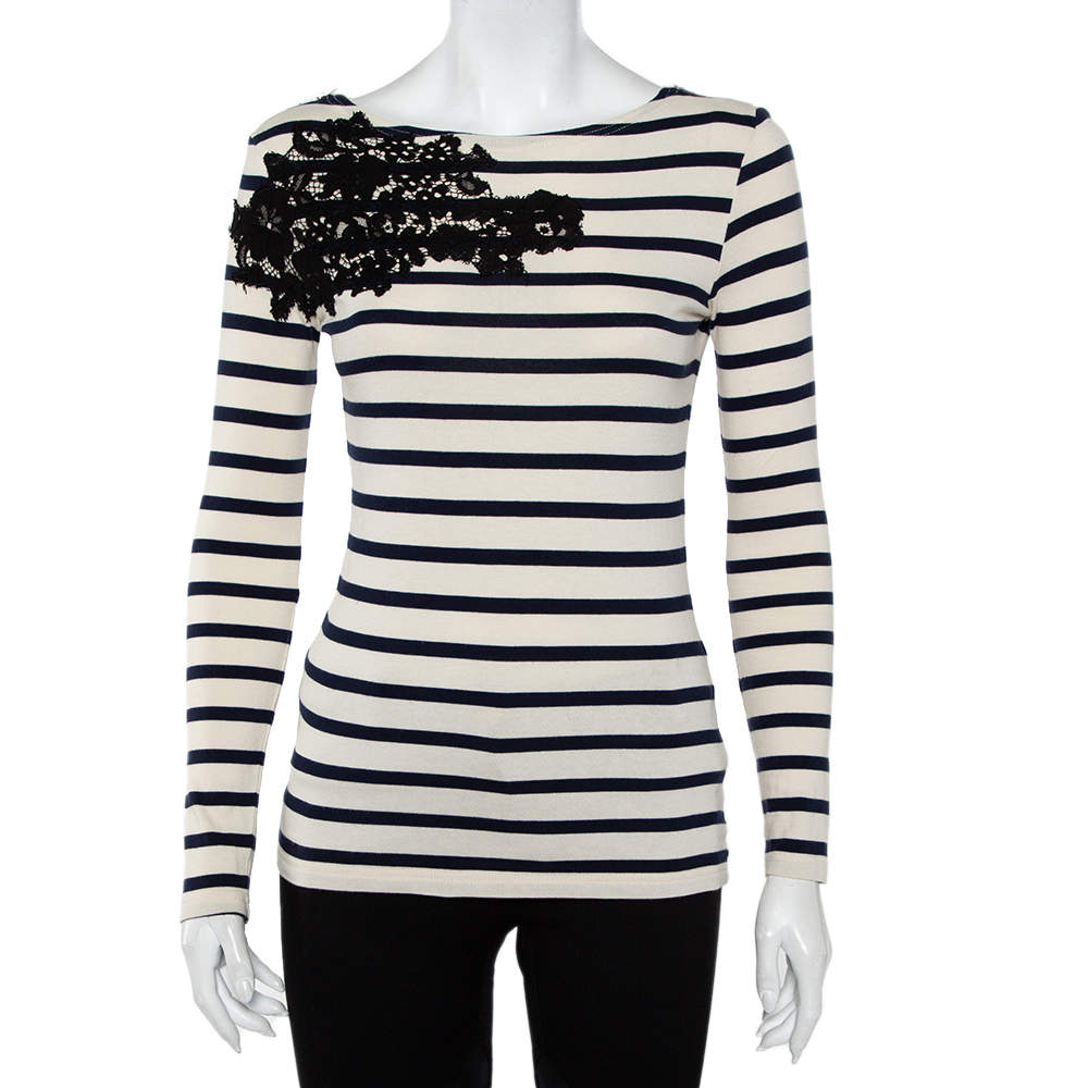 Joseph Beige & Navy Blue Striped Cotton Lace Patch Detail T-Shirt S
