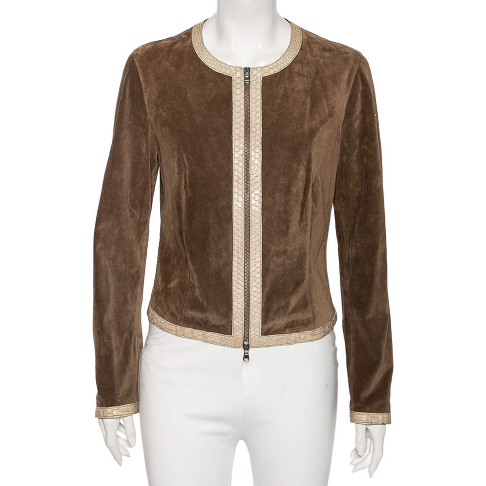 Joseph Brown Suede Contrast Trim Detail Collarless Zip Front Jacket L