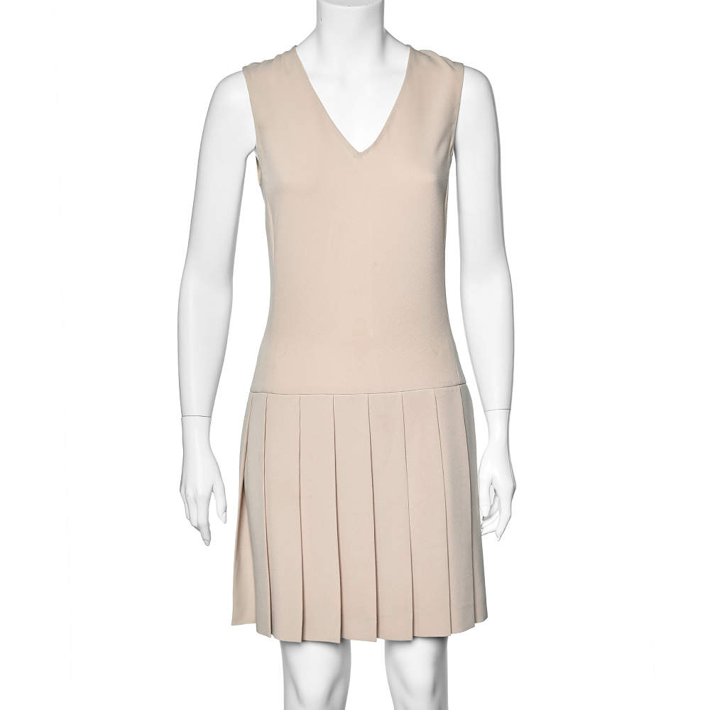 Joseph Beige Crepe Pleated Hem Sleeveless Dress M