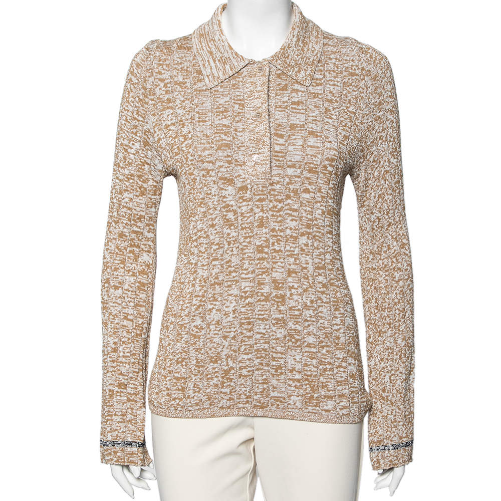 Joseph Beige Patterned Ribbed Knit Long Sleeve Polo Sweater L