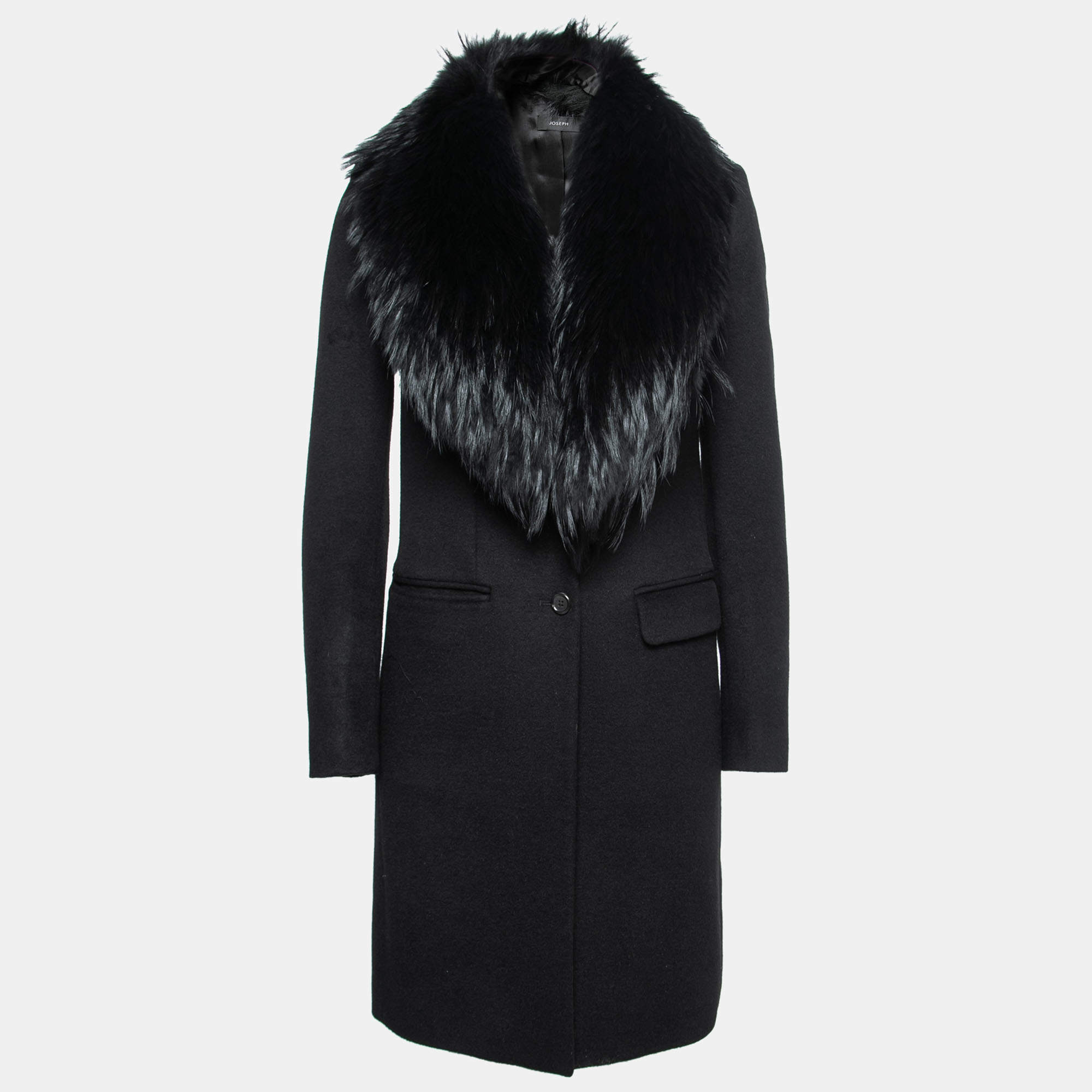 Joseph Black Wool Detachable Fur Collar Mid-Length Coat S   