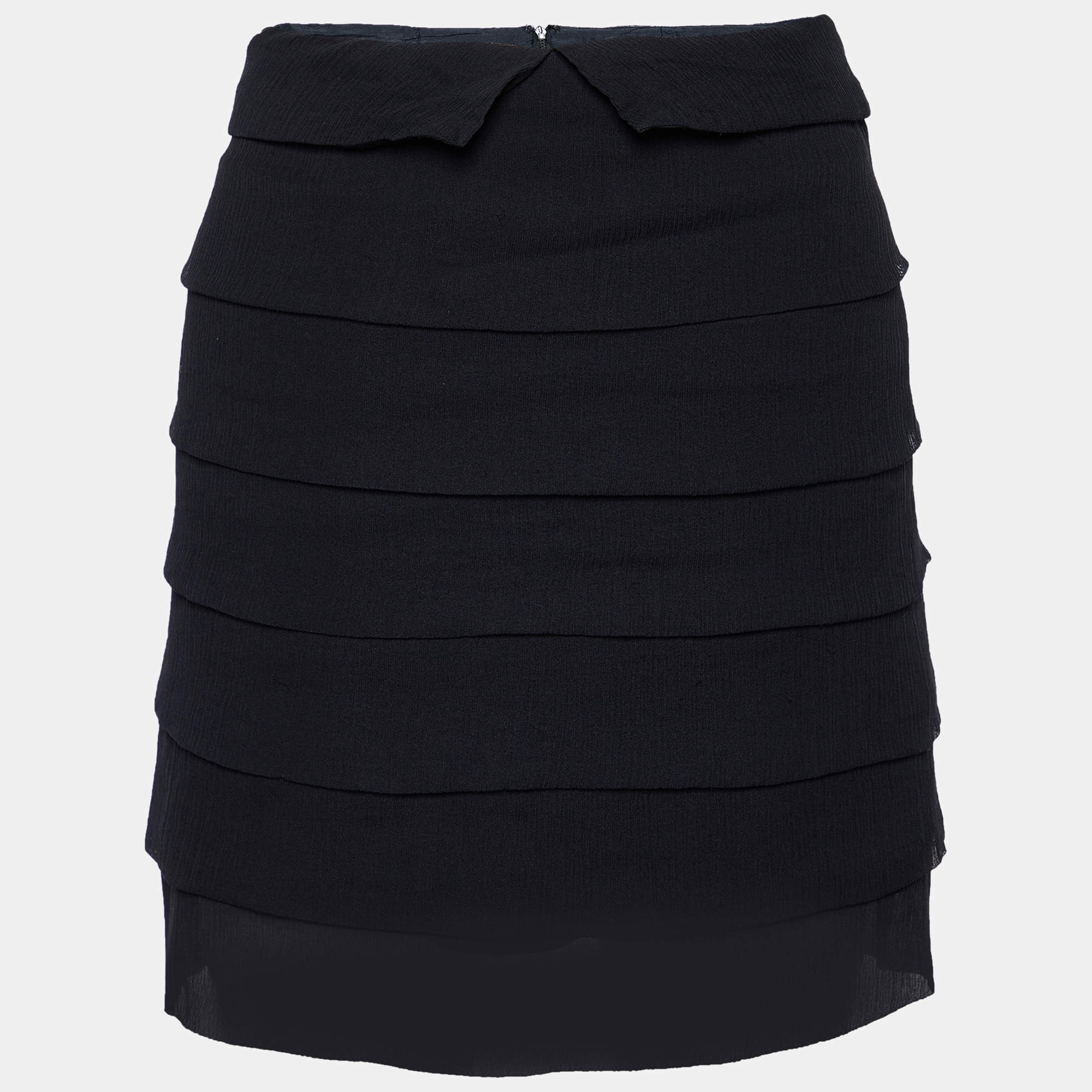 Pre Owned Joseph Black Crinckled Silk Tiered Mini Skirt M