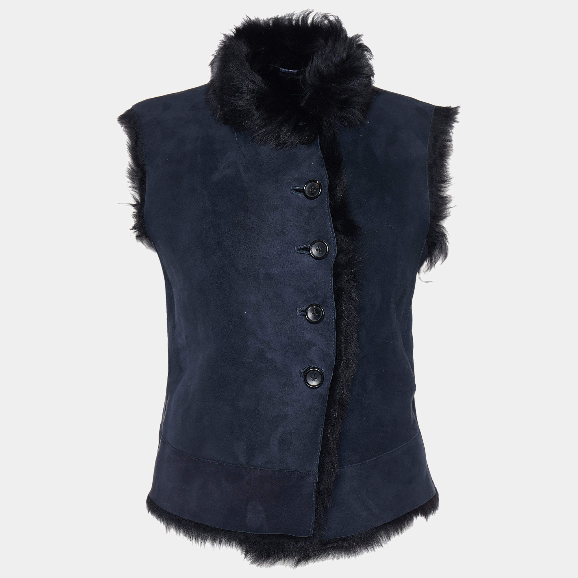 Joseph Vintage Navy Blue Leather & Fur Lined Sleeveless Jacket L