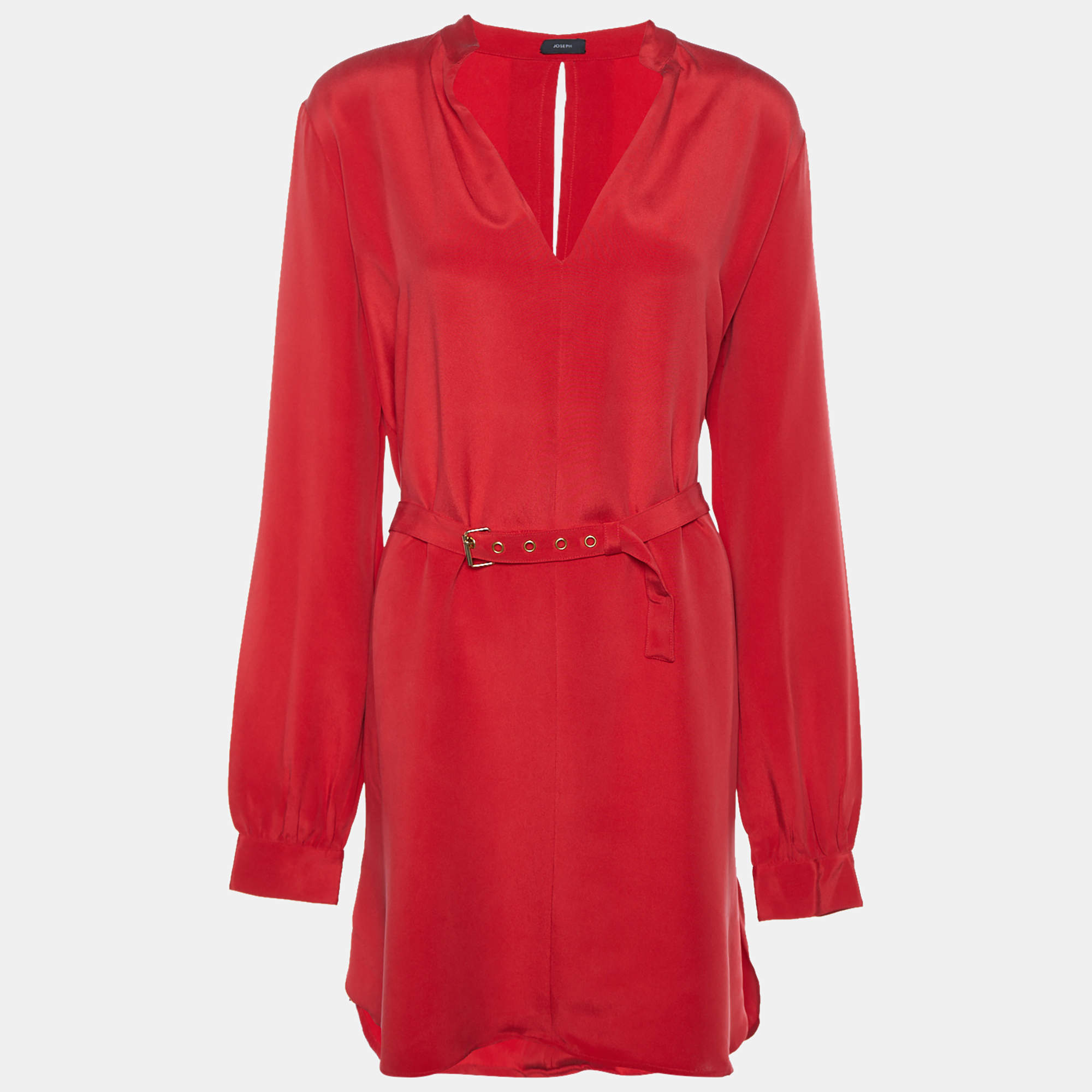 Pre Owned Joseph Red Silk Belted Midi Dress L