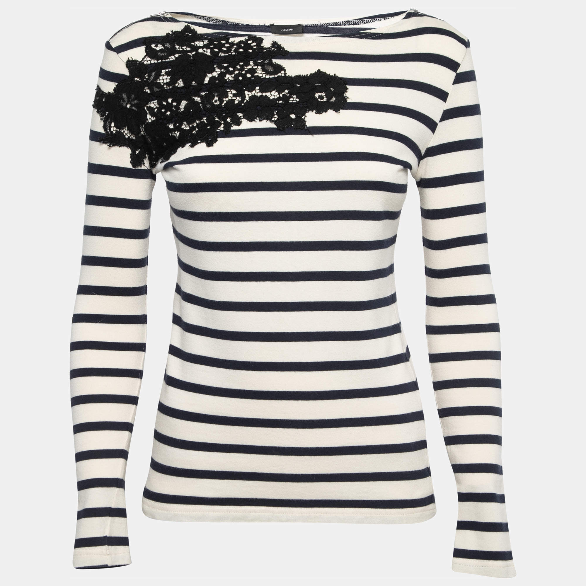 Pre Owned Joseph Cream/Navy Blue Striped Cotton Lace Trimmed Full Sleeve T-Shirt S