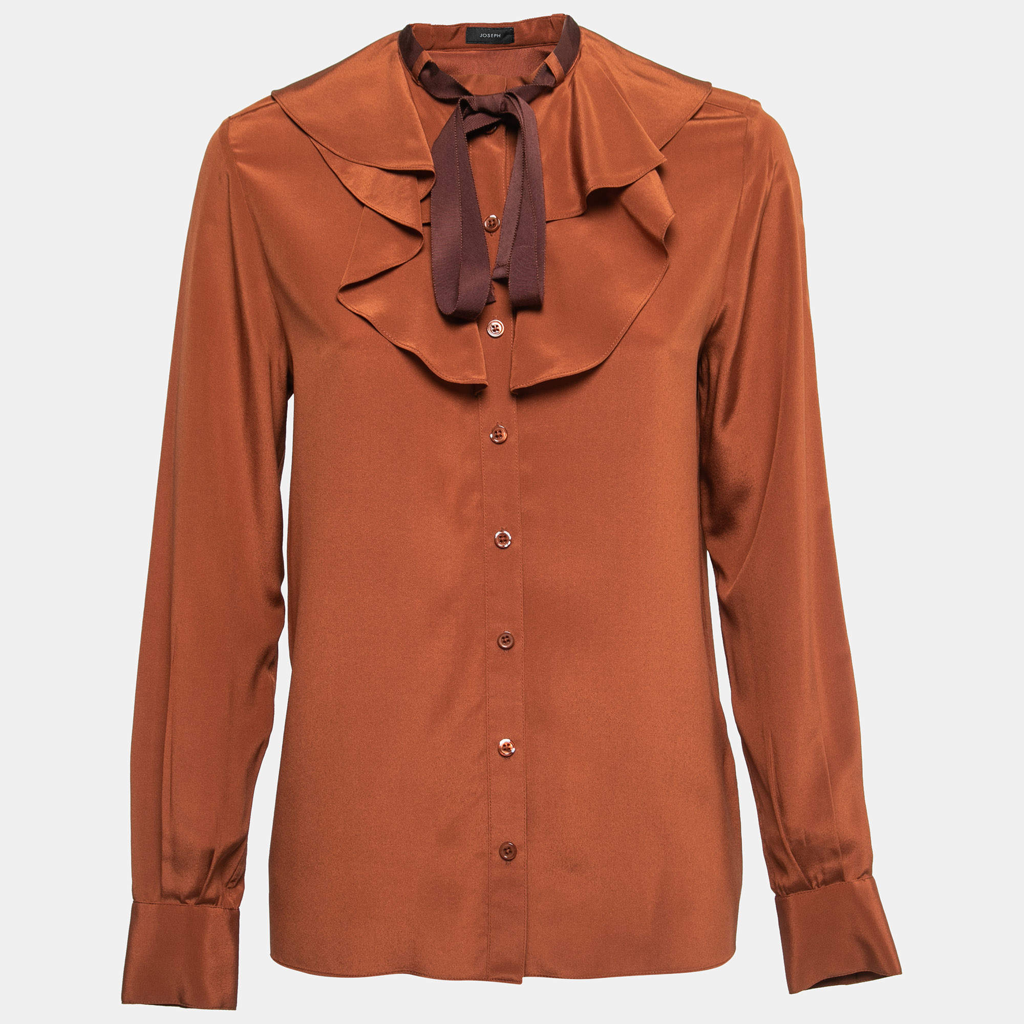 Pre Owned Joseph Brown Silk Ruffle Detail Button Front Full Sleeve Shirt S