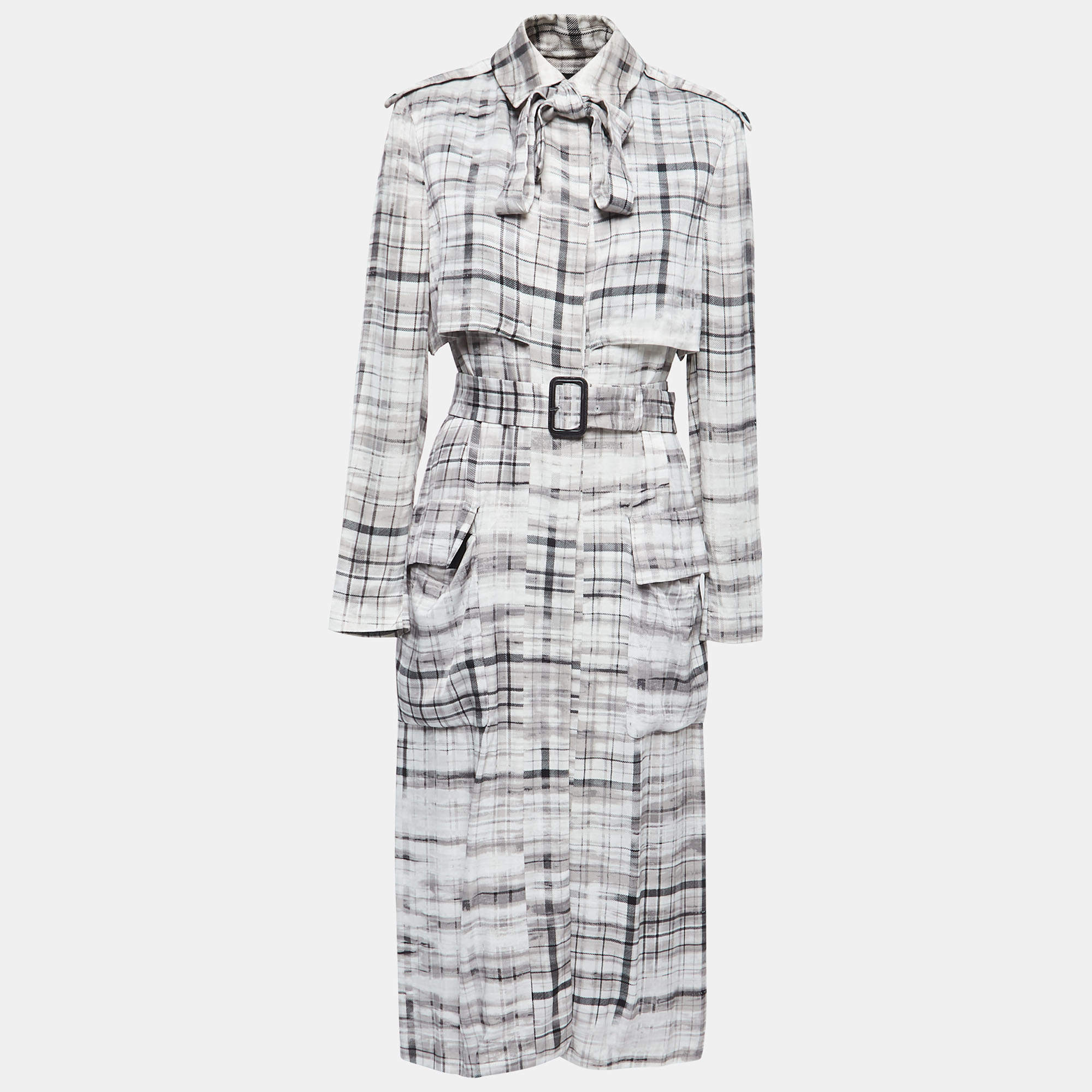 Joseph Grey Plaid Crepe Button Front Belted Midi Shirt Dress M