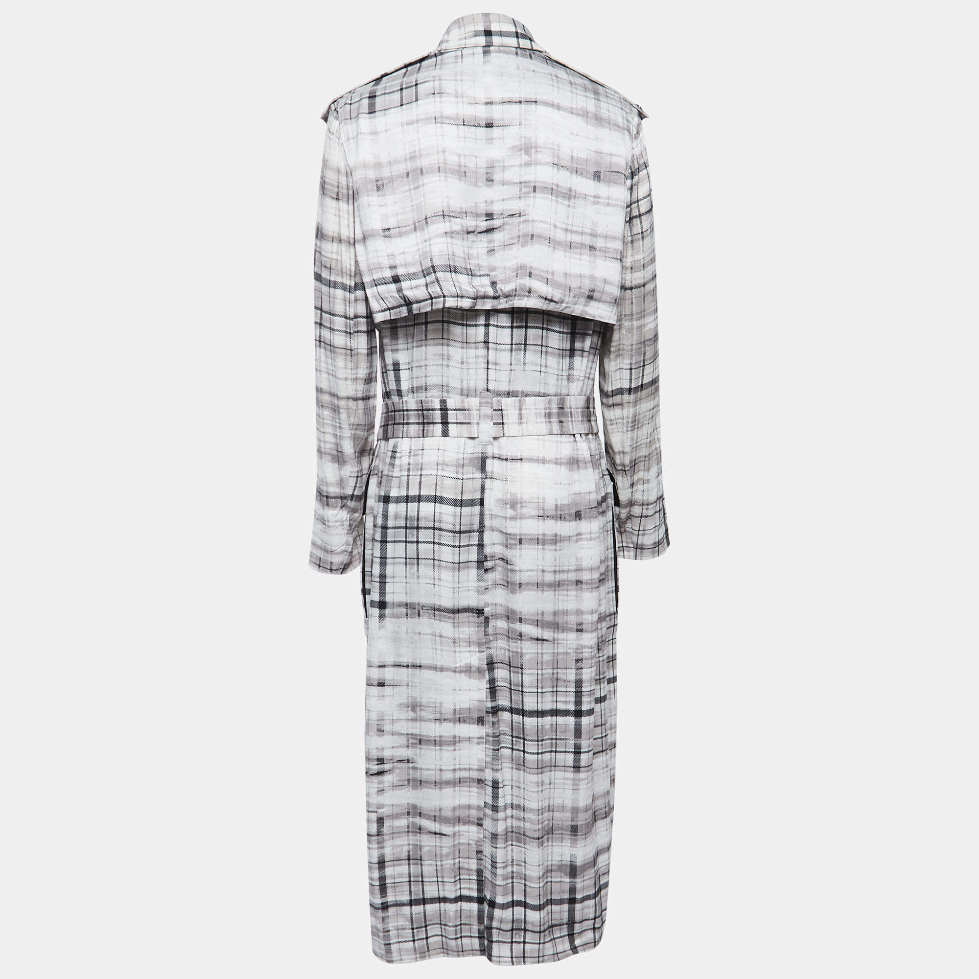 Pre Owned Joseph Grey Plaid Crepe Button Front Belted Midi Shirt Dress M