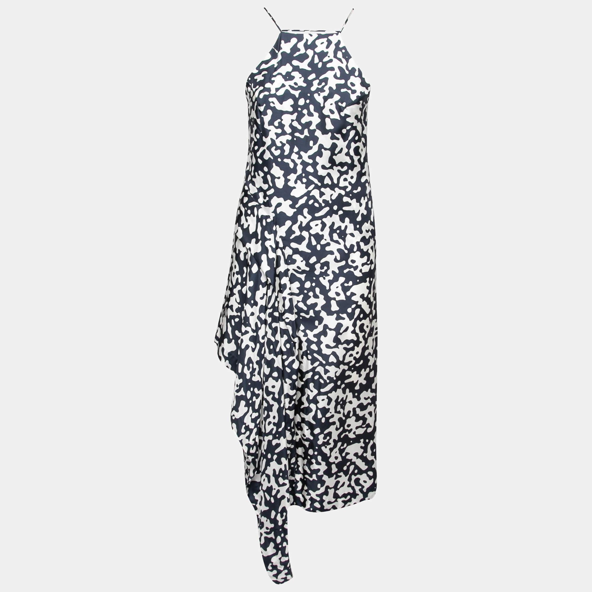 Josh Goot Navy Blue and White Printed Silk Side Bustle Dress XS 