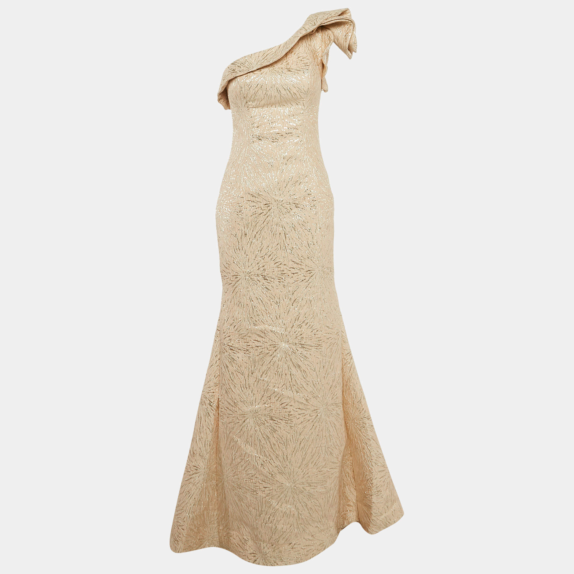 Jovani Beige Lurex Jacquard Ruffled One-shoulder Gown M
