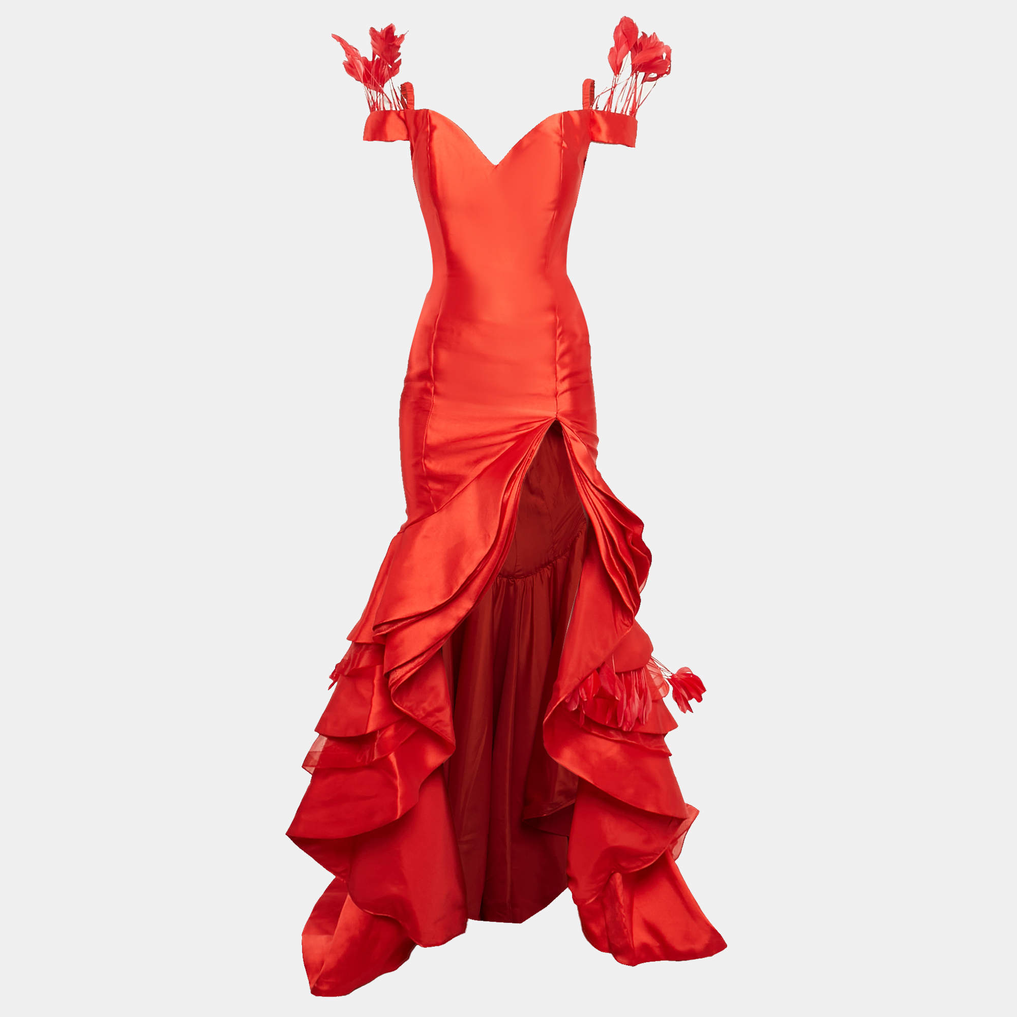 Jovani Red Satin Crepe Feather Trim Off Shoulder Ruffled Gown S