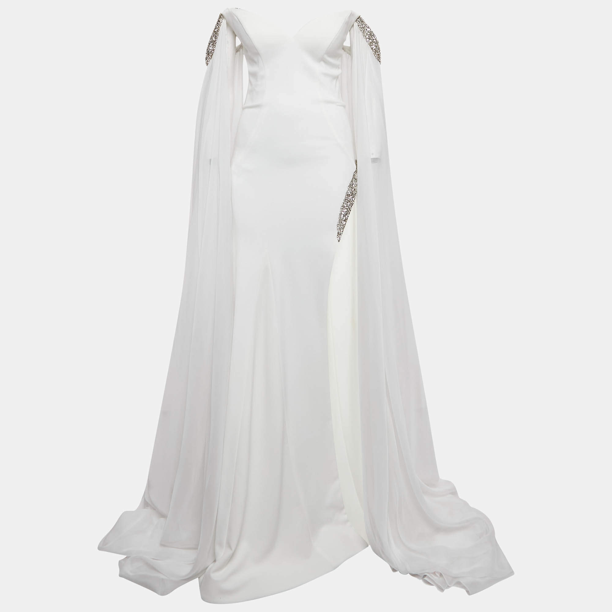 Jovani White Jersey Crystal Embellished Jersey Detachable Cape Sleeve Gown S