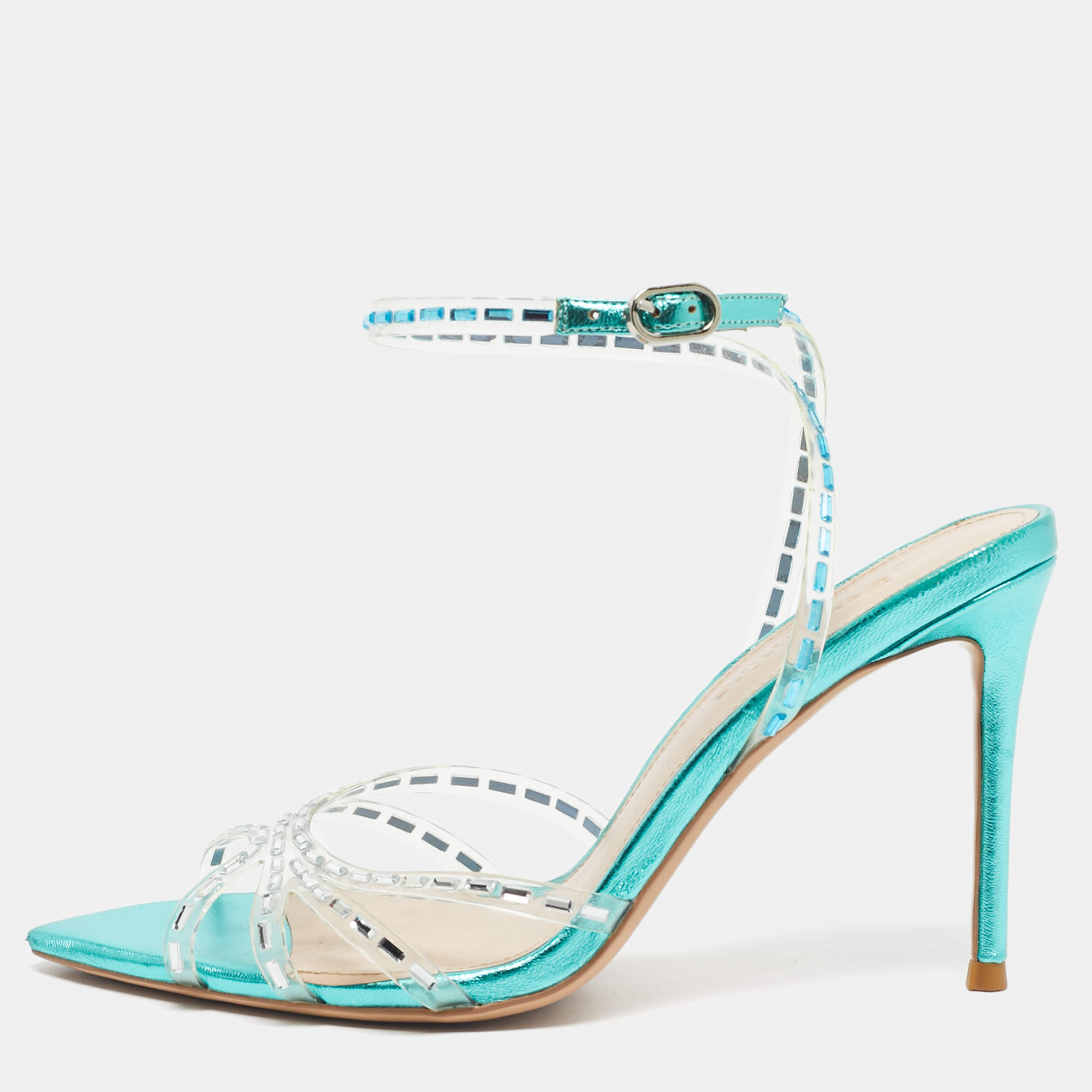 Pre Owned Jéssamiro Transparent/Metallic Blue Leather and PVC Crystal Embellished Ankle Wrap Sandals Size 39