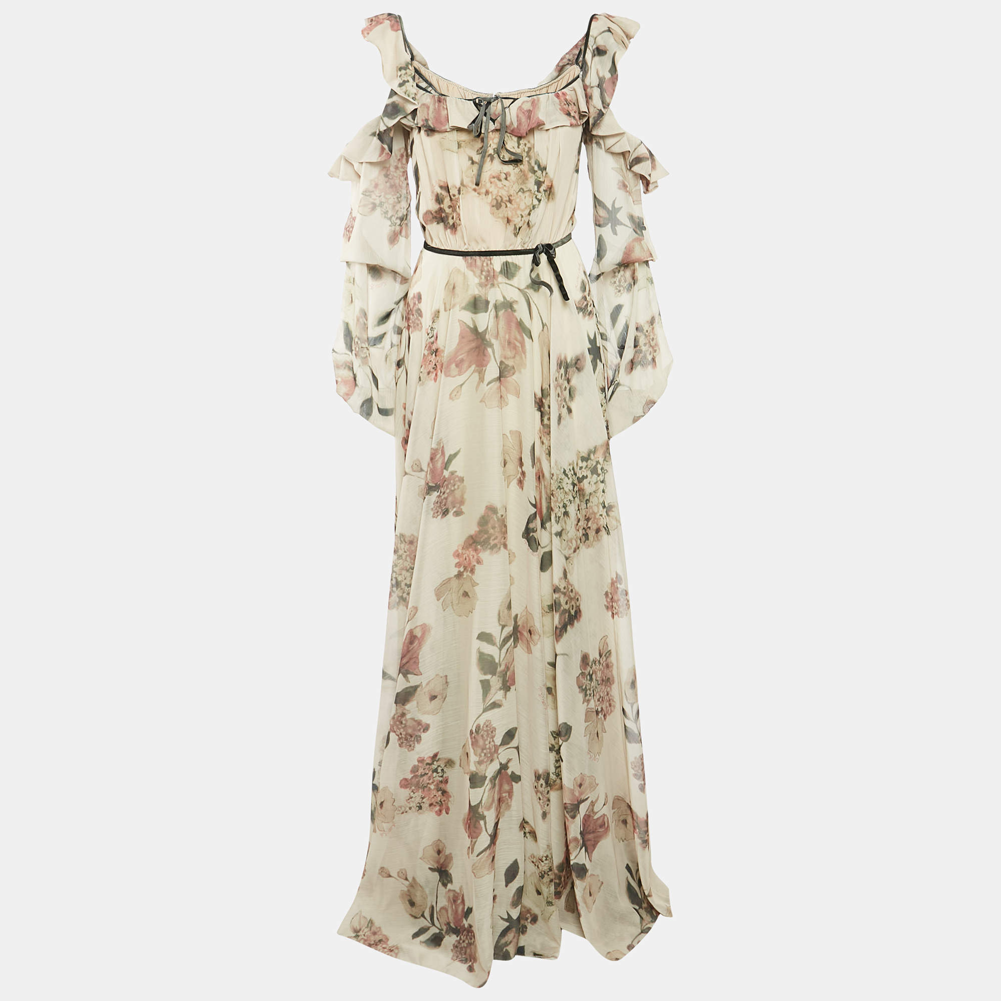 JULEA DOMANI Beige Floral Print Crepe Cold Shoulder Maxi Dress M