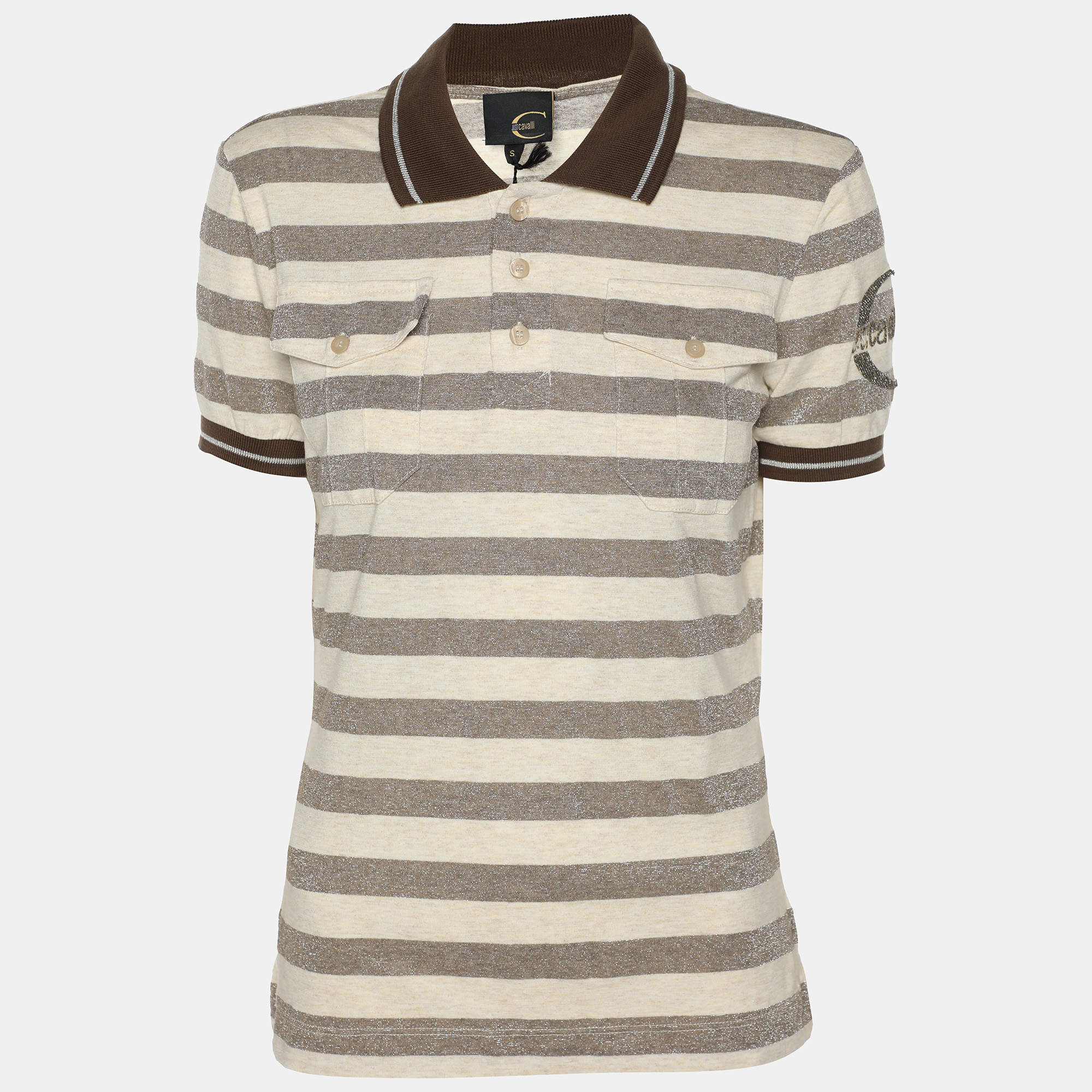 Pre Owned Just Cavalli Brown/Cream Striped Viscose Blend T-Shirt S