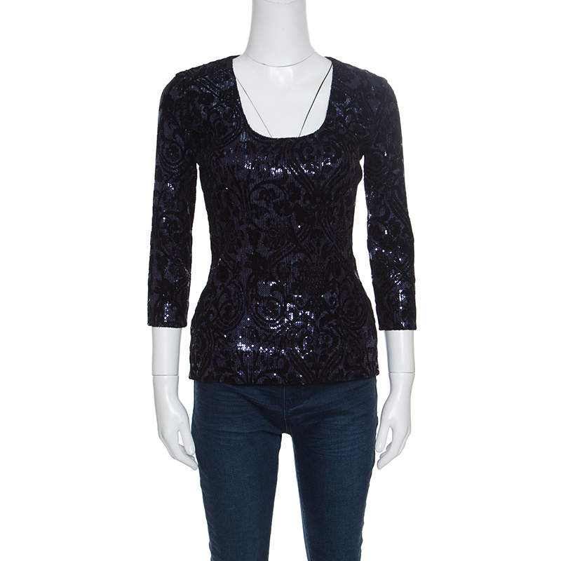 Pre Owned Just Cavalli Purple and Black Flocked Embellished Long Sleeve Top S