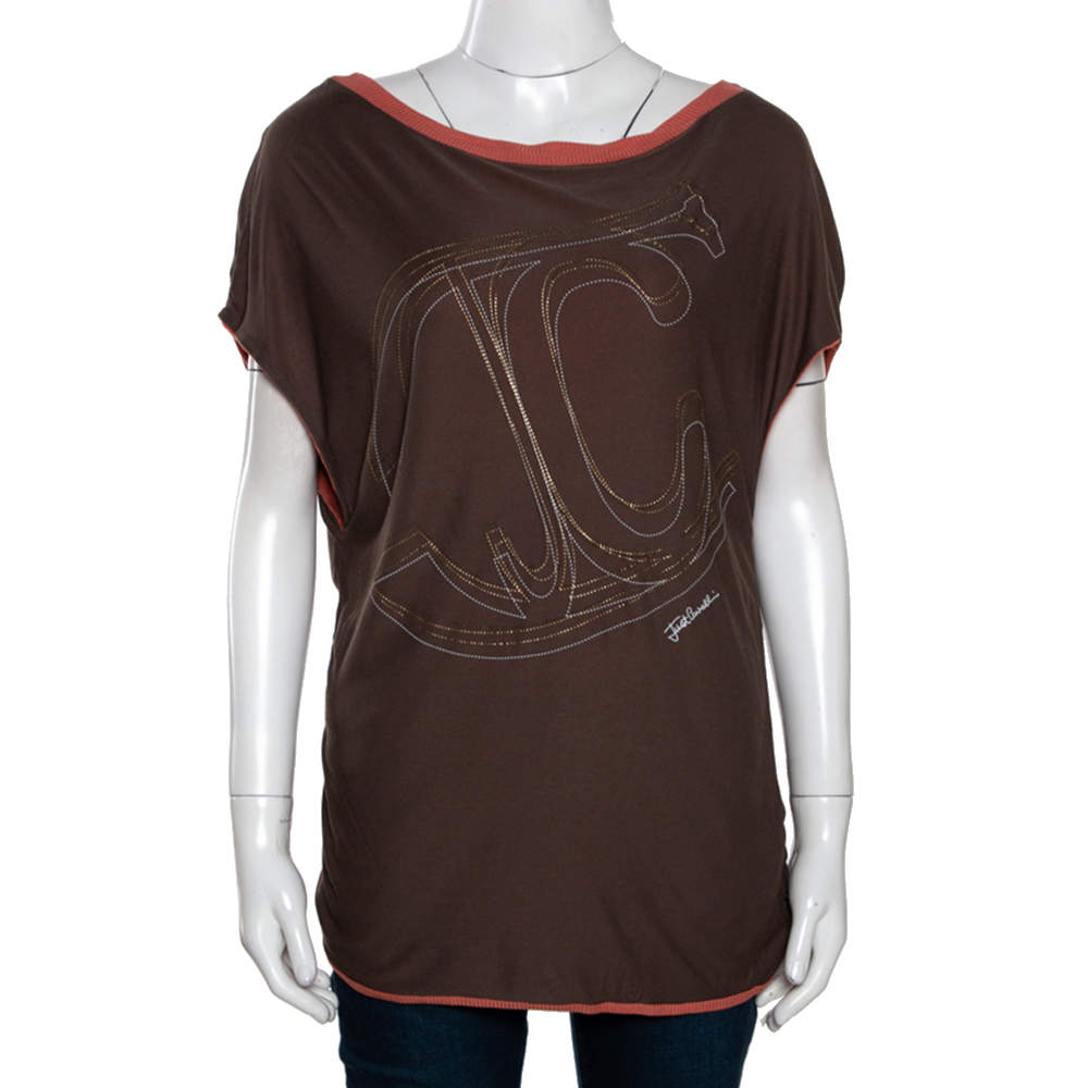 Pre Owned Just Cavalli Brown Embossed Logo Print Knit Top M