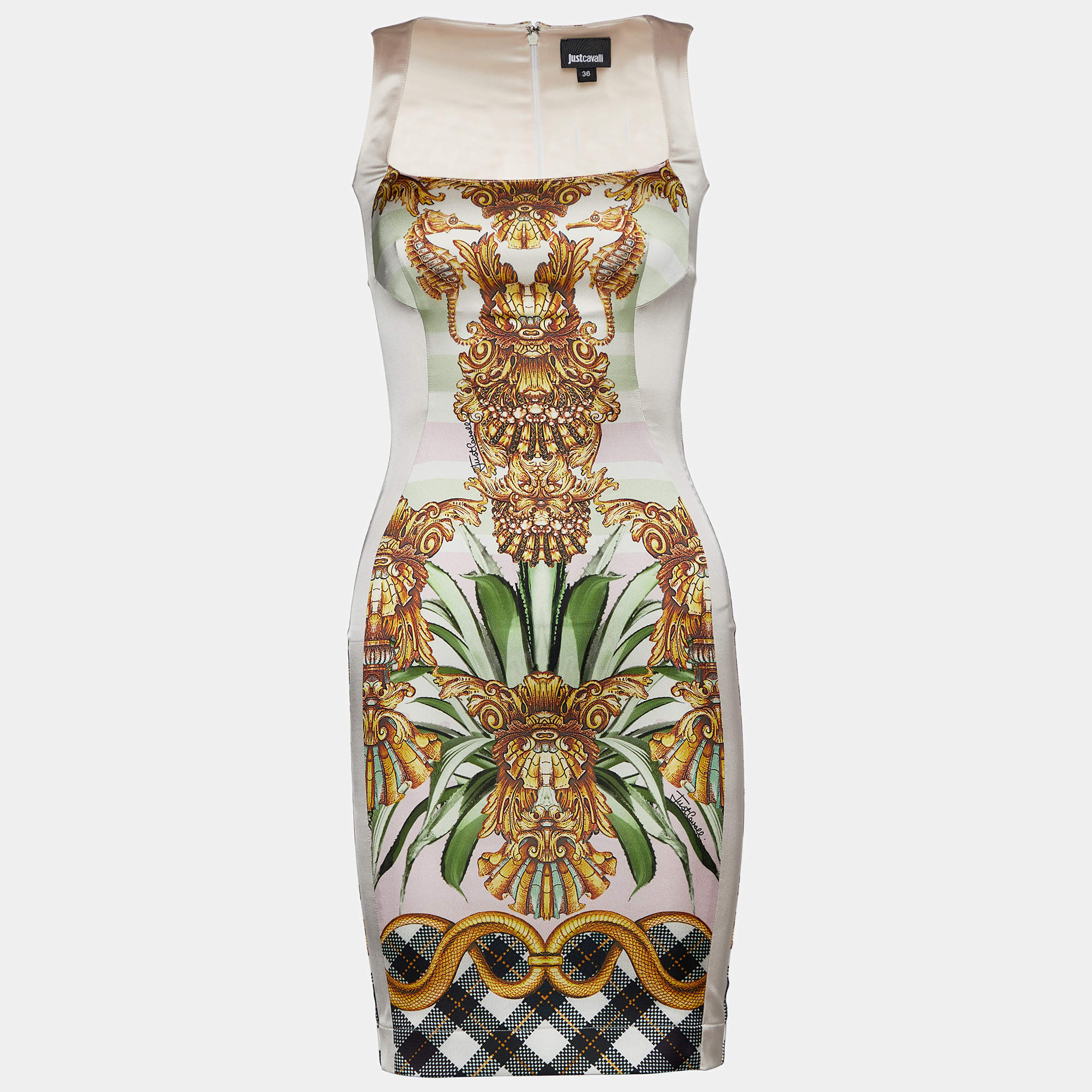مملوكة مسبقًا Just Cavalli Light Pink Printed Satin Sleeveless Sheath Dress XS